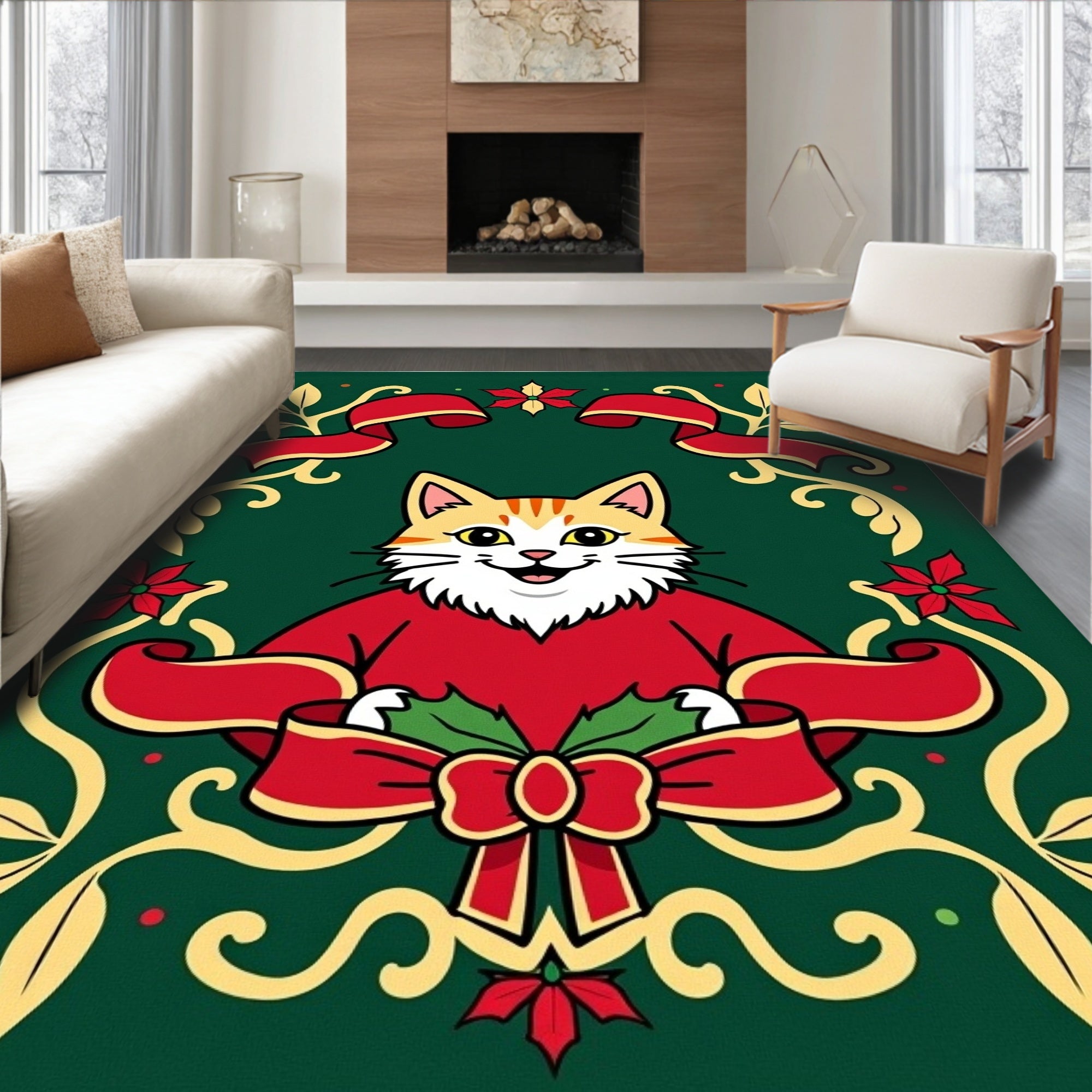 Christmas Cat Ribbon Holly Floral Rug