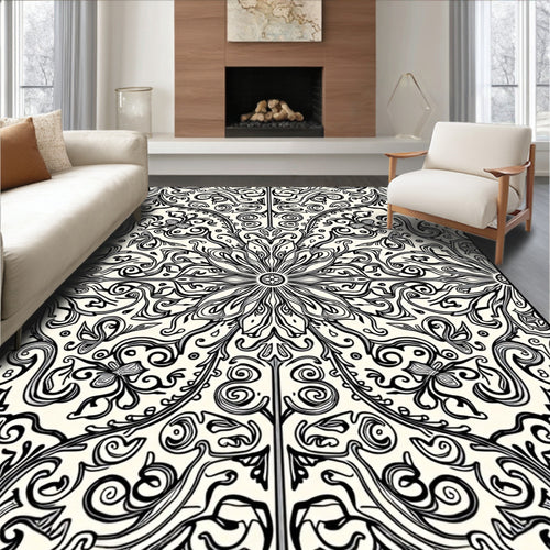 Black Ivory Floral Scrollwork Rug