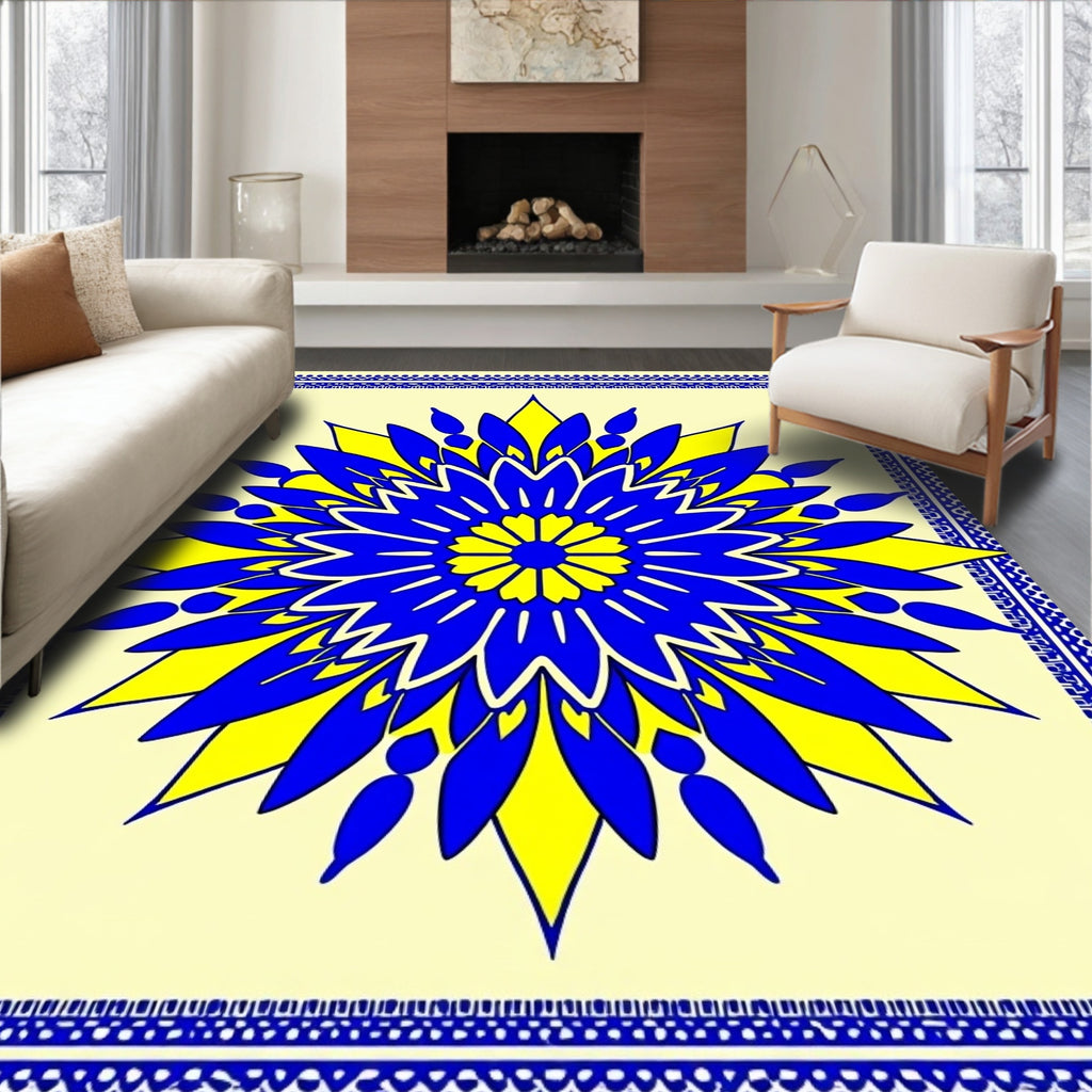 Vibrant Blue Yellow Folk Star Rug