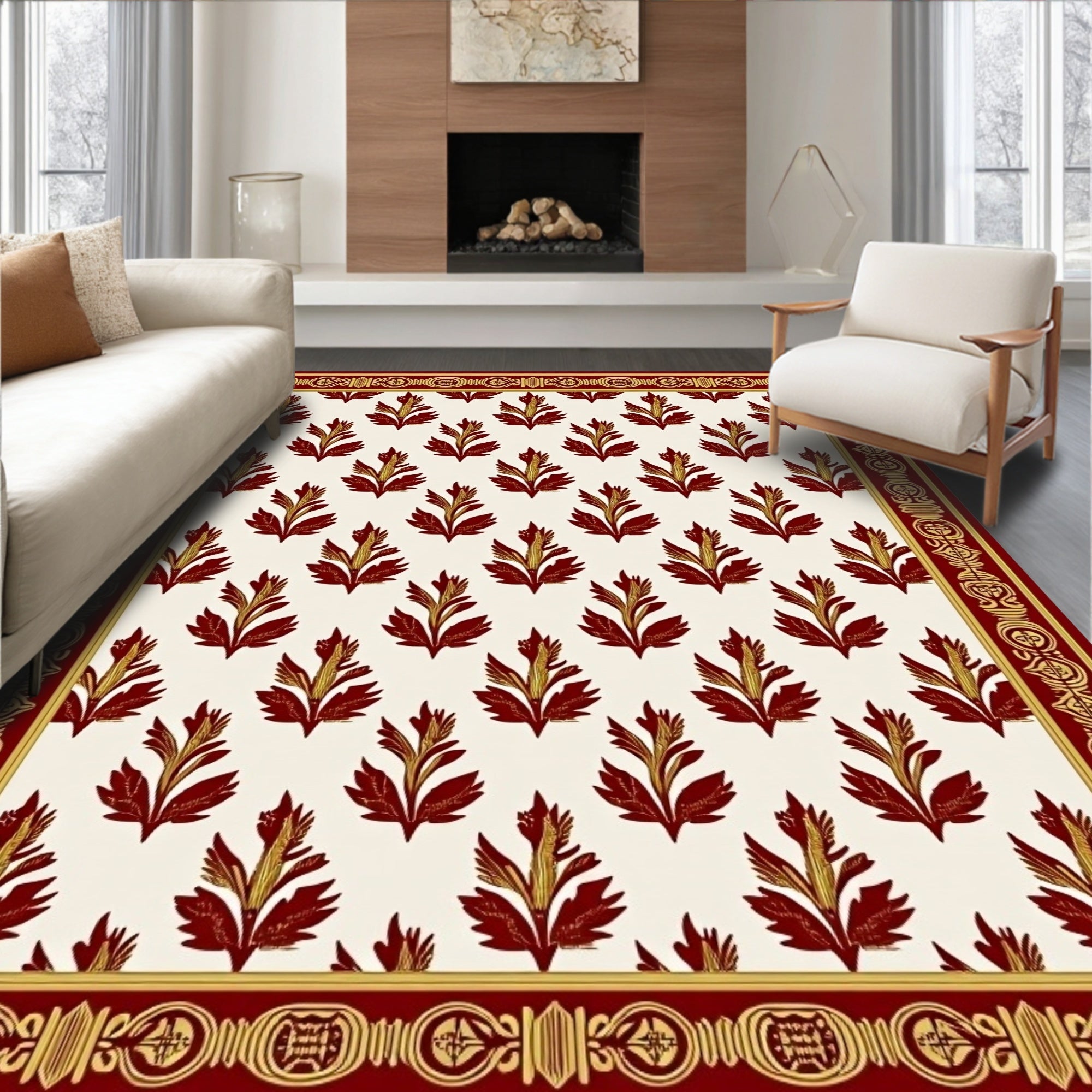 Crimson Gold Floral Arrangement Border Rug