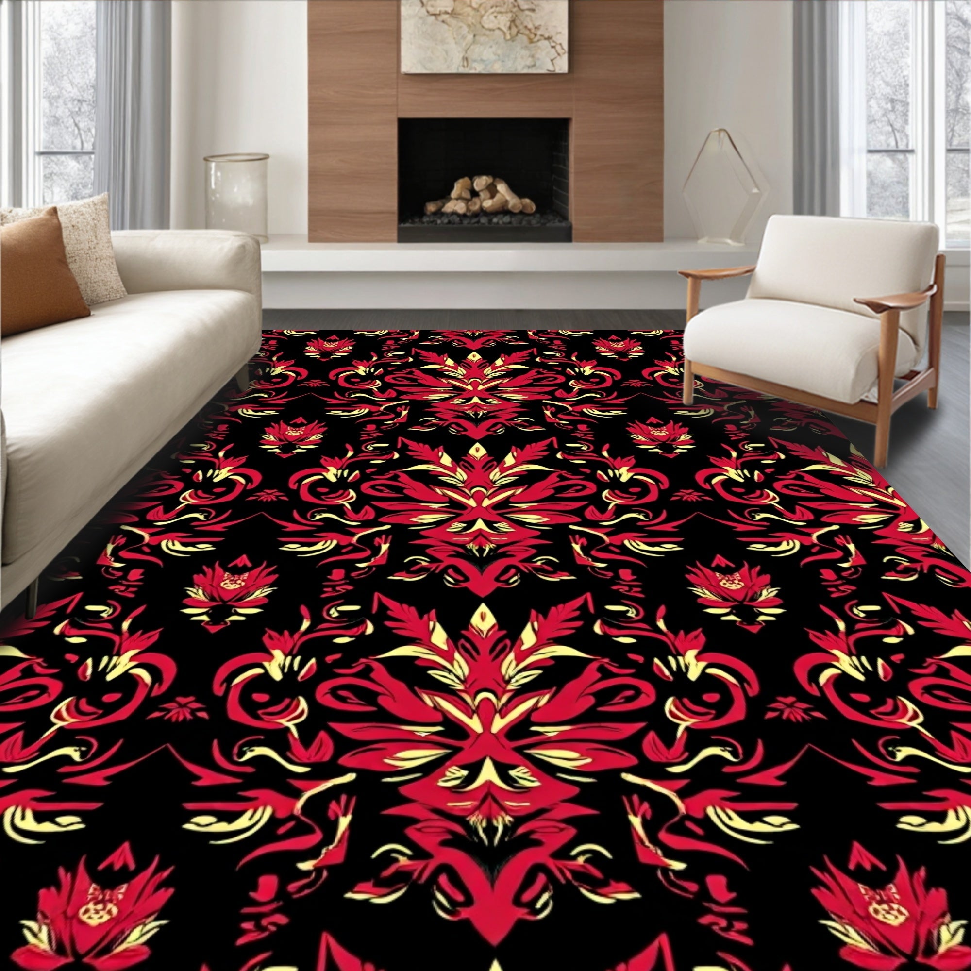 Rich Red Black Curving Floral Rhapsody Rug