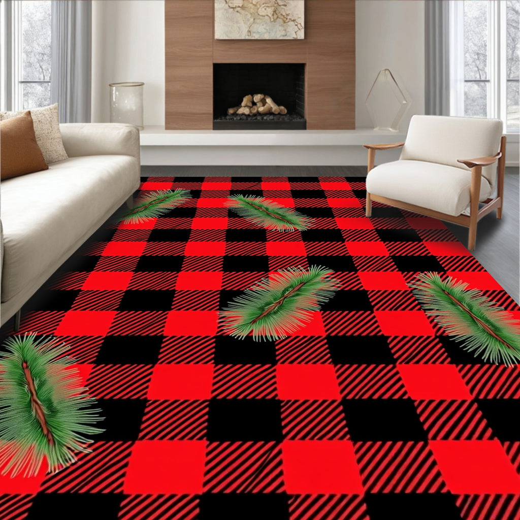 Red Black Buffalo Check Pine Sprigs Rug