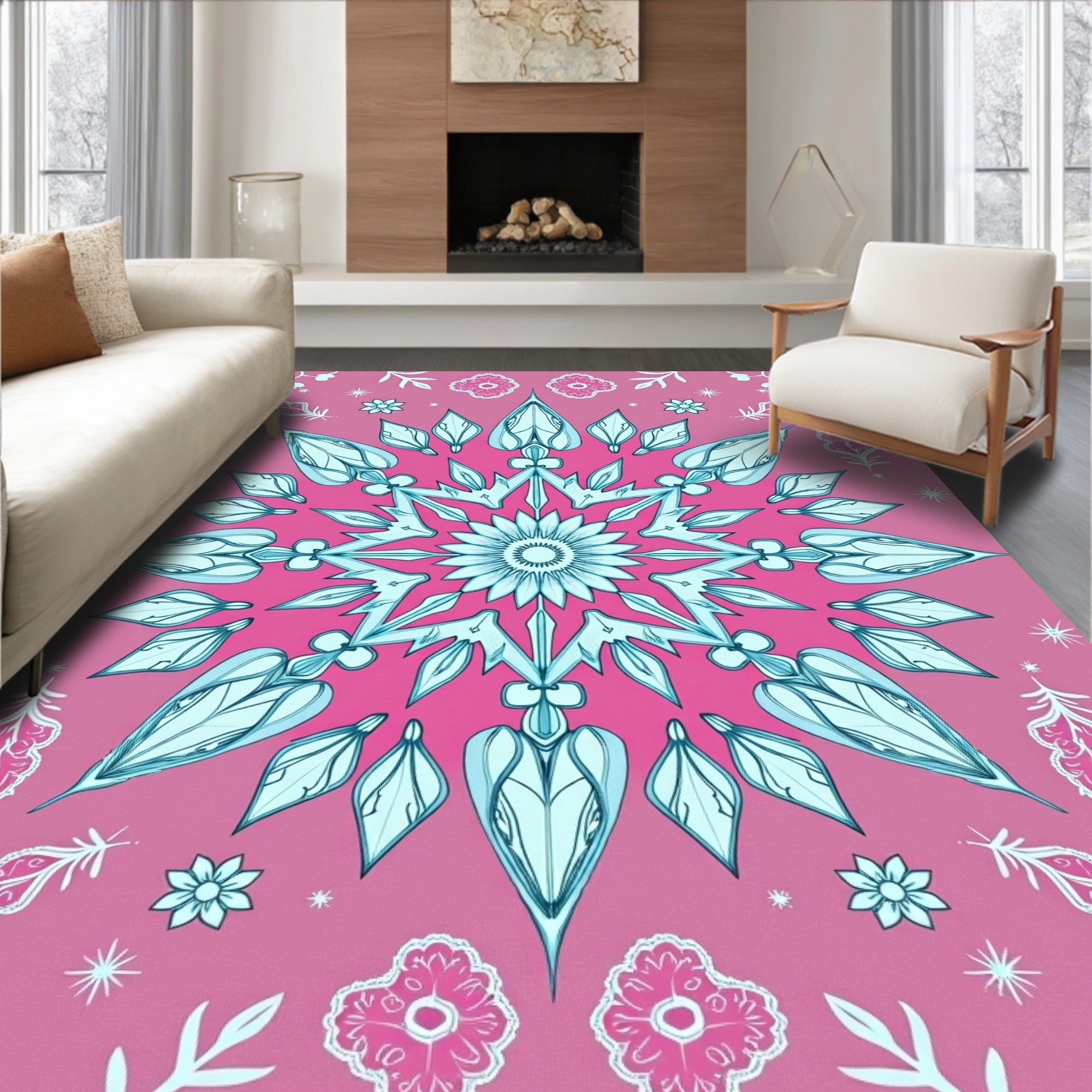 Pink Aqua Starburst Floral Medallion Rug