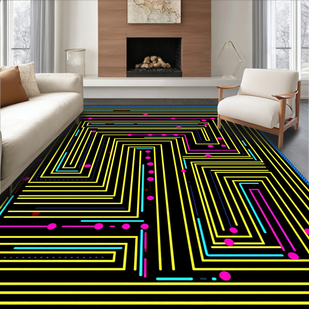 Retro Arcade Maze Yellow Blue Pink Rug