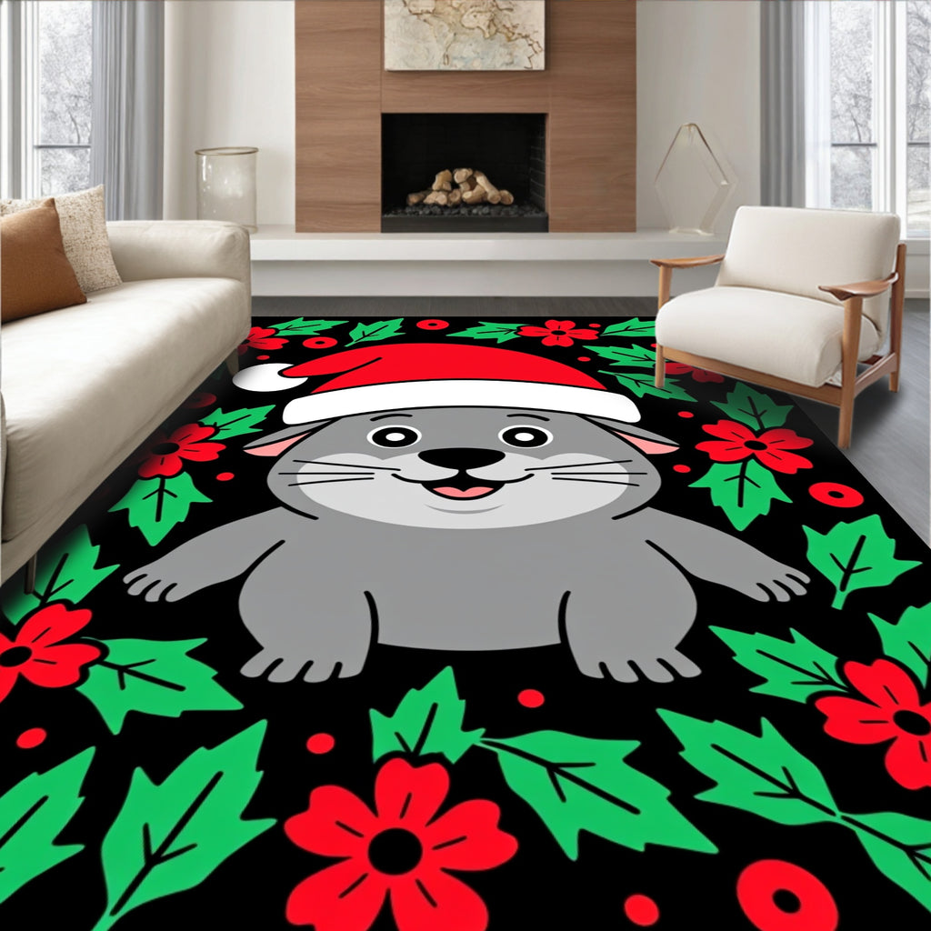 Gray Festive Cat Christmas Holly Rug