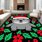 Gray Festive Cat Christmas Holly Rug