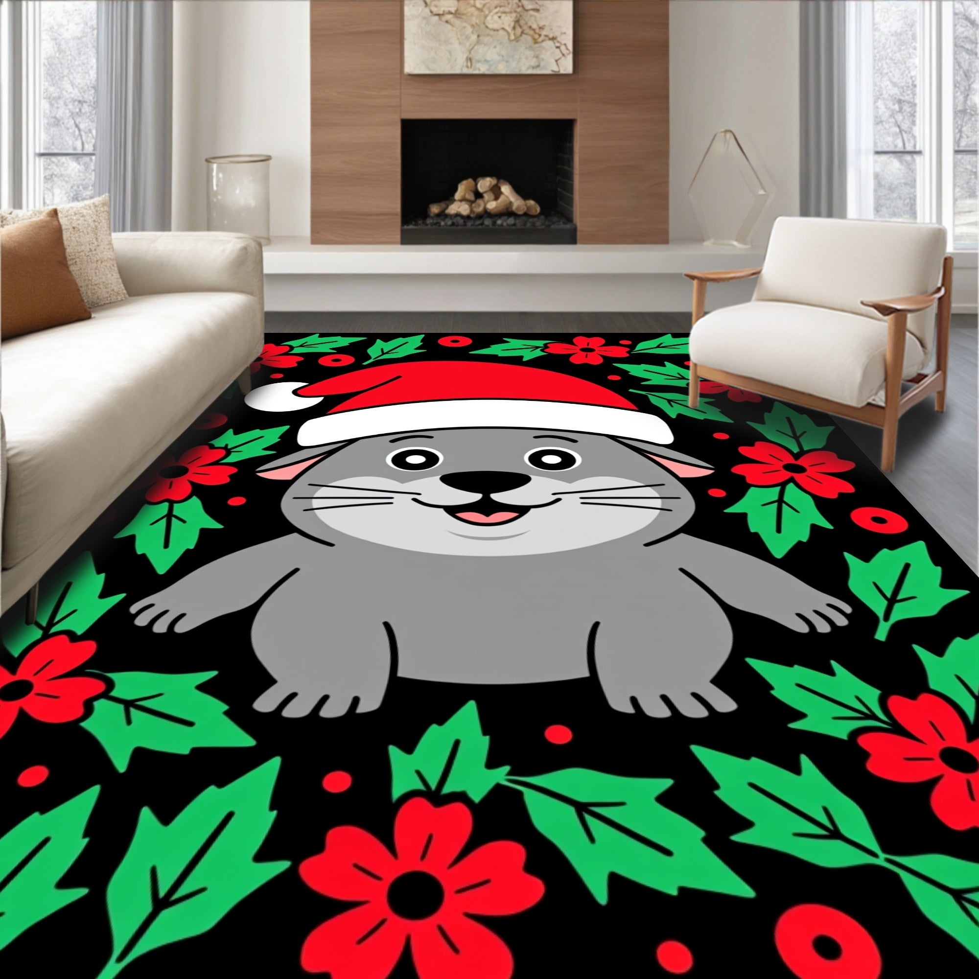 Gray Festive Cat Christmas Holly Rug