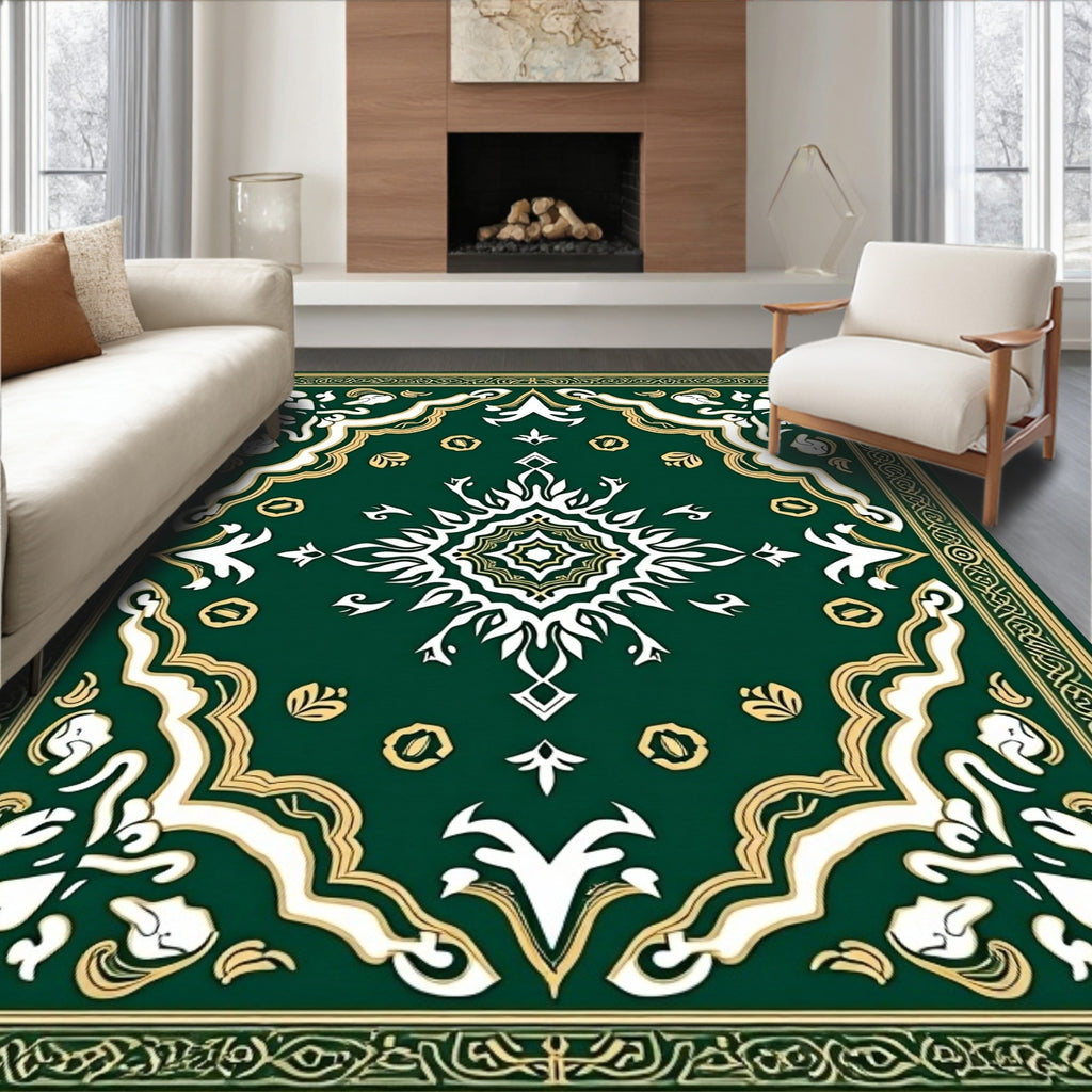 Emerald Symmetrical Floral Border Medallion Rug