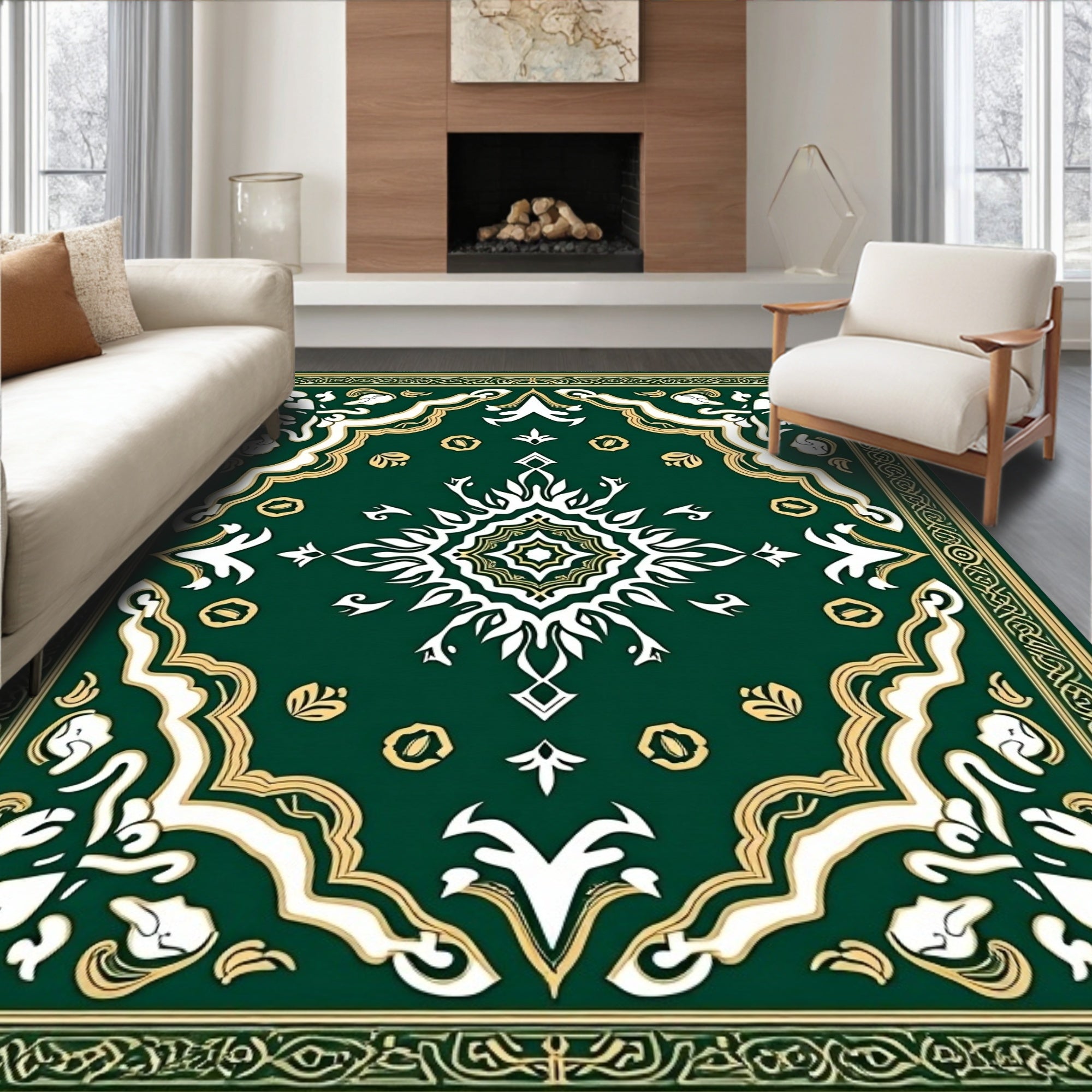 Emerald Symmetrical Floral Border Medallion Rug