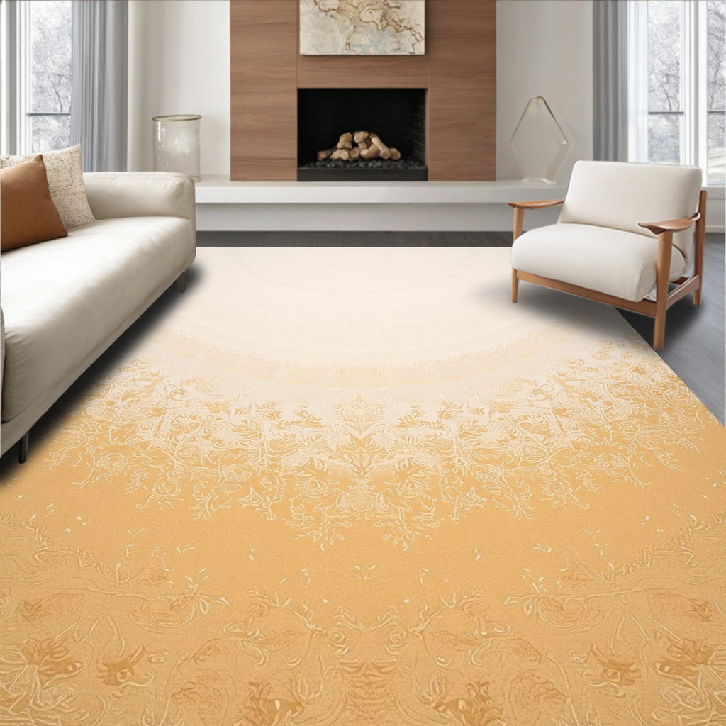 Golden Beige Floral Mandala Rug