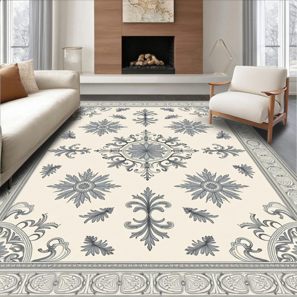 Classic Ivory Gray Floral Medallion Border Rug