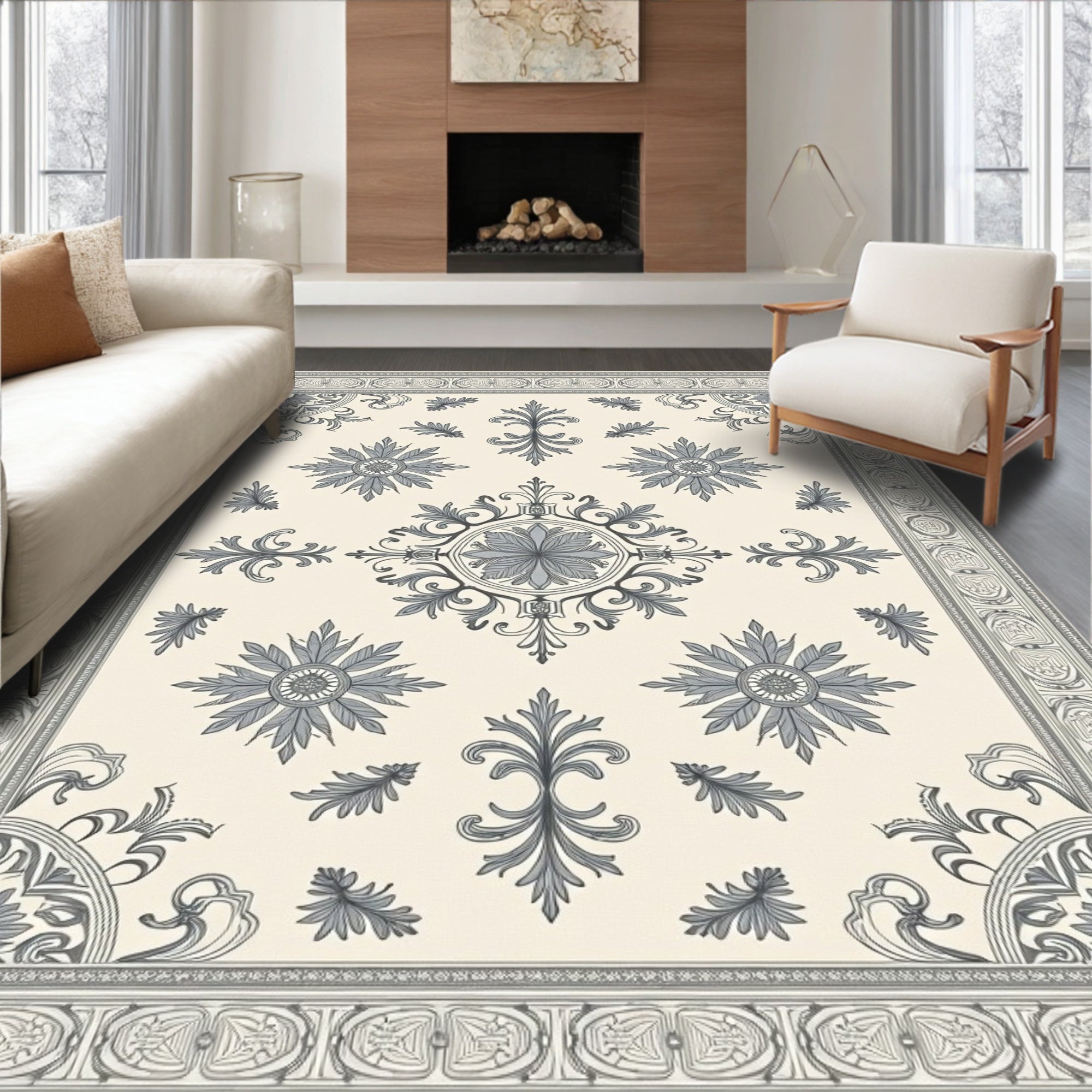 Classic Ivory Gray Floral Medallion Border Rug