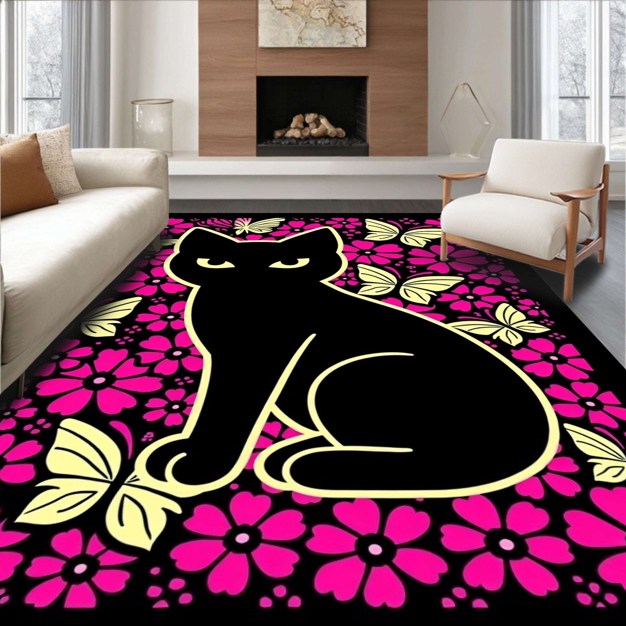 Black Cat Floral Butterfly Garden Rug
