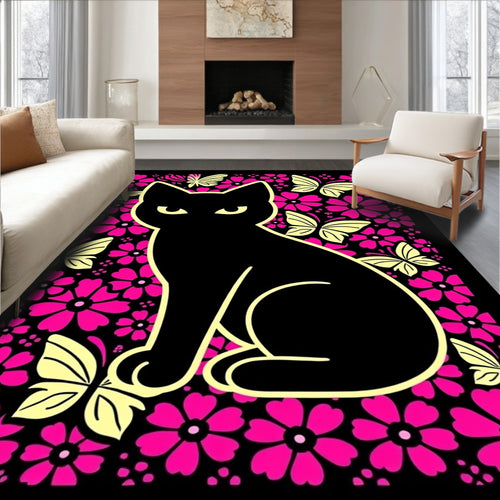 Black Cat Floral Butterfly Garden Rug