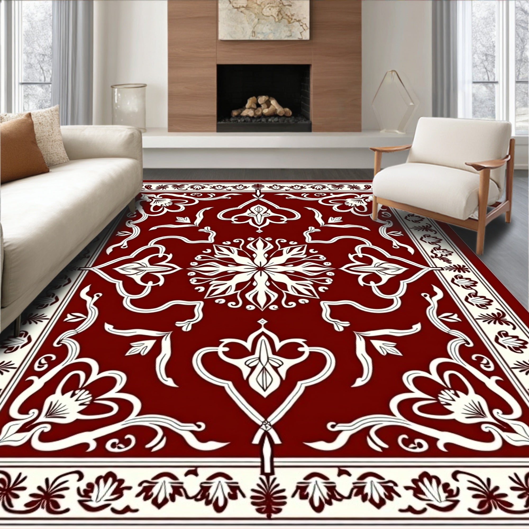 Crimson and Cream Floral Medallion Rug