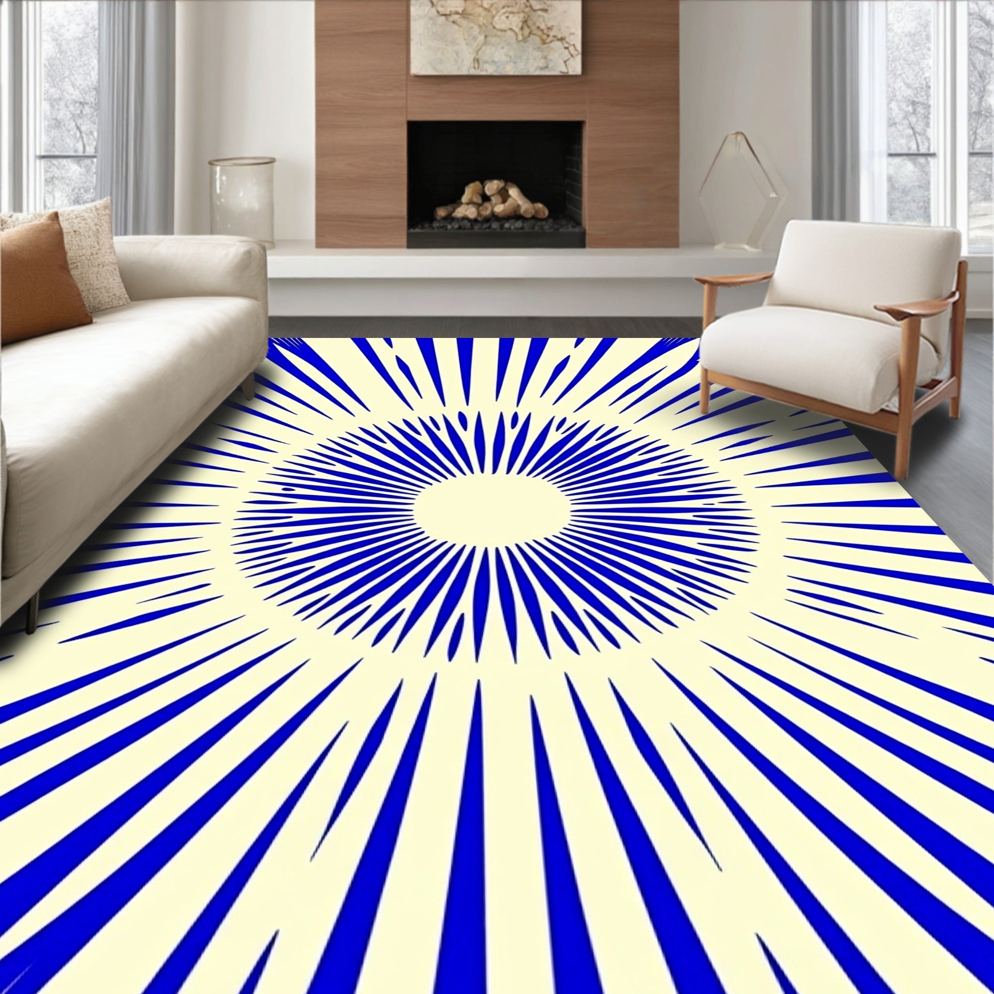 Bold Blue Sunburst Radial Graphic Rug
