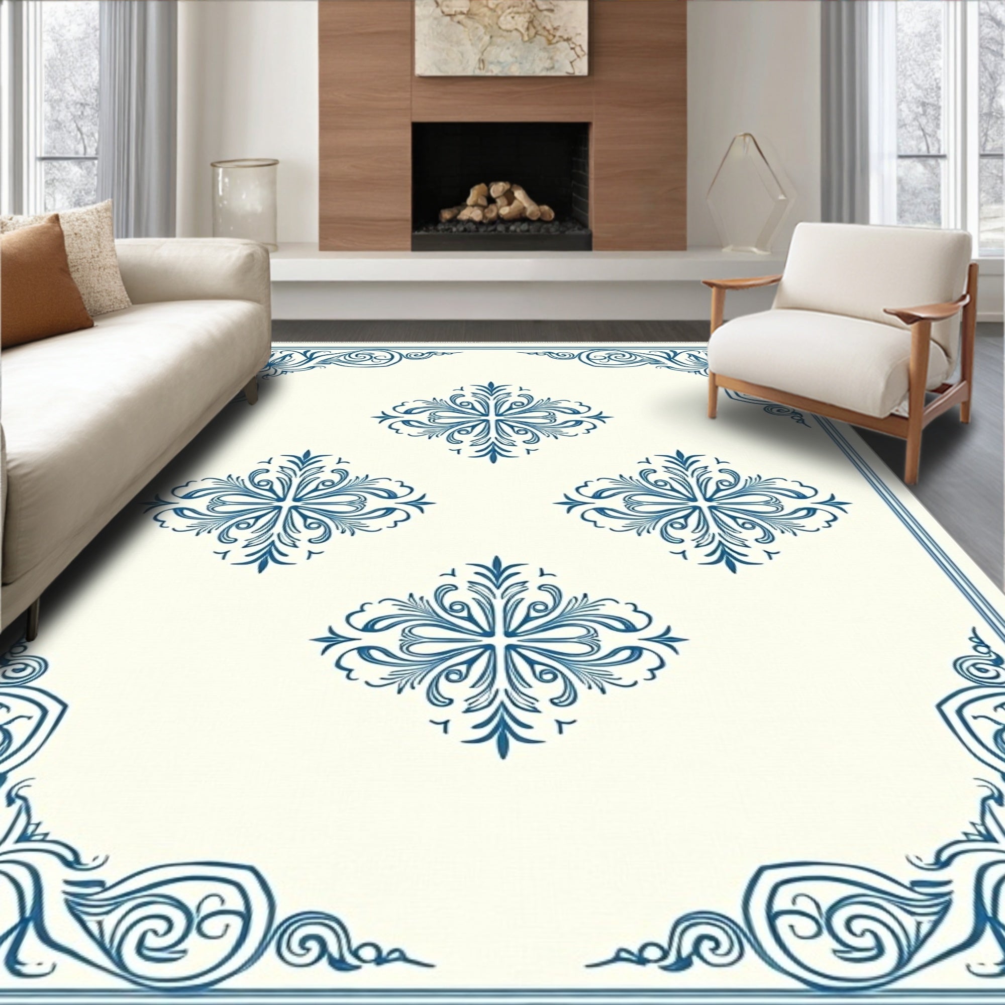 Ivory Blue Floral Medallion Border Rug