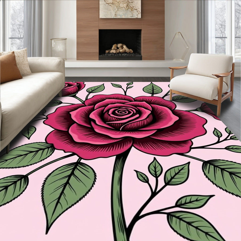 Deep Pink Roses with Green Leaves Rug