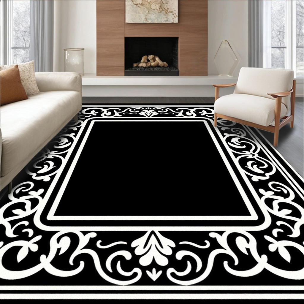 Classic Black White Floral Border Rug