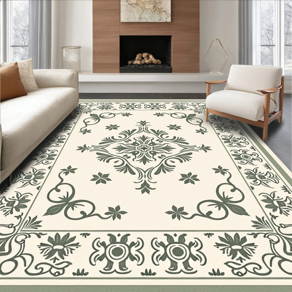 Cream Green Floral Vine Medallion Rug
