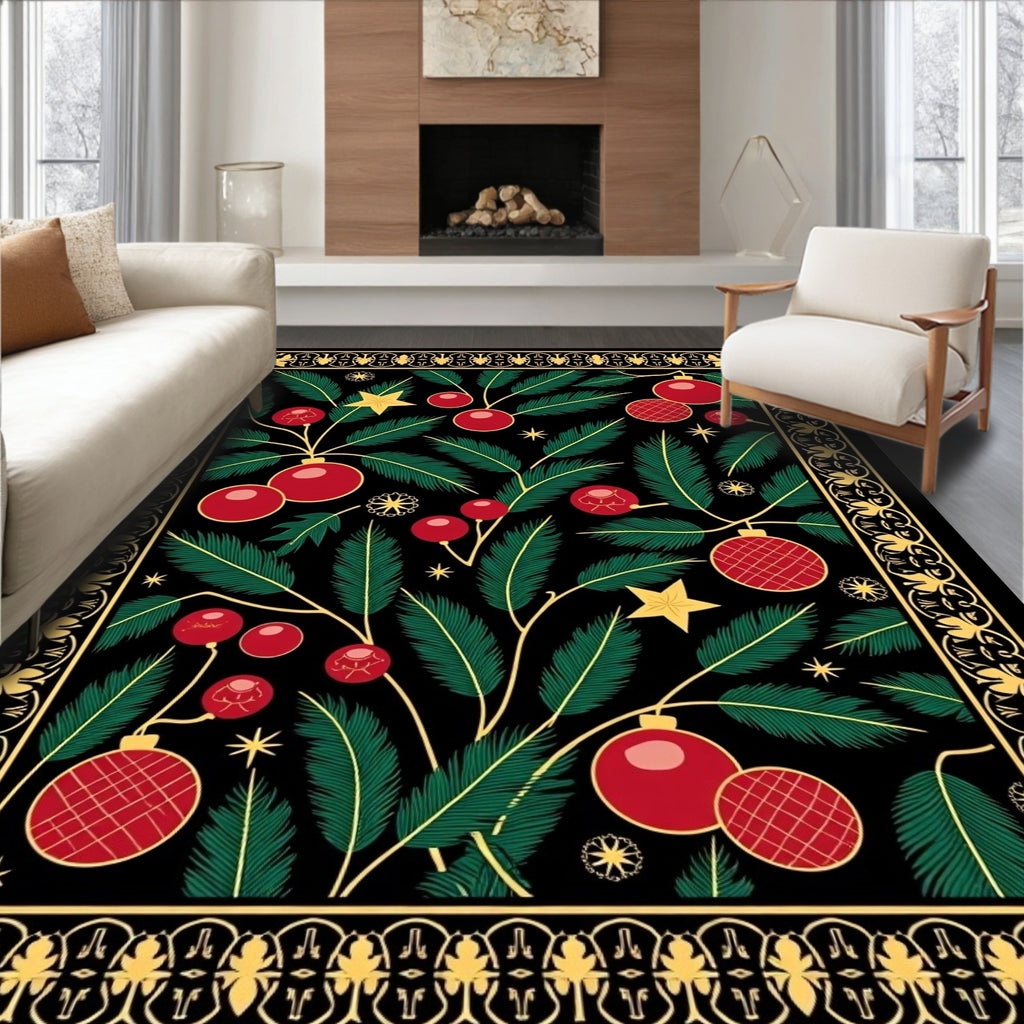 Festive Red Christmas Ornament Pine Needles Rug