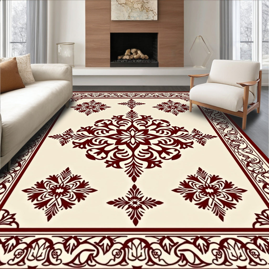 Ornate Dark Red Centerpiece Floor Covering Rug