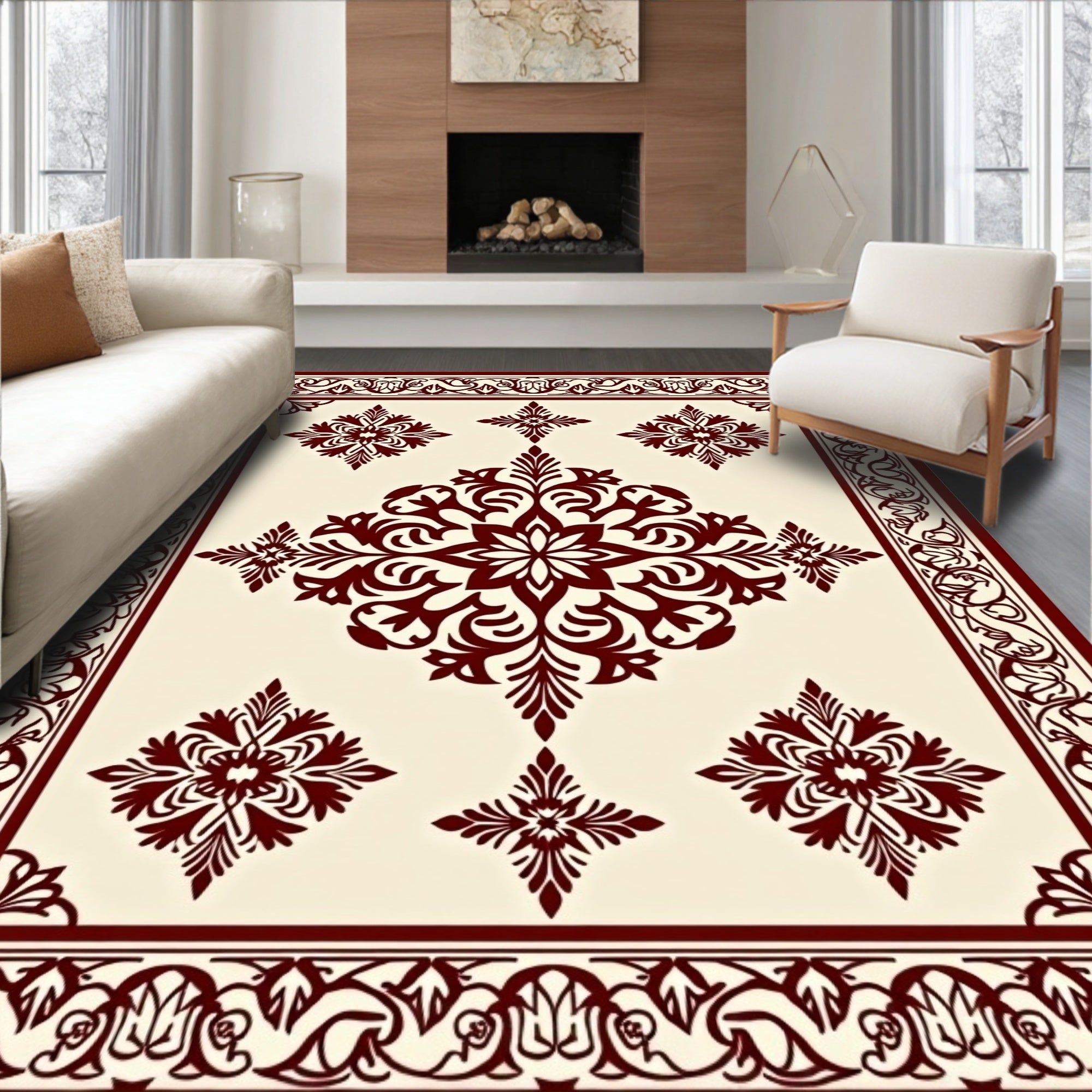 Ornate Dark Red Centerpiece Floor Covering Rug