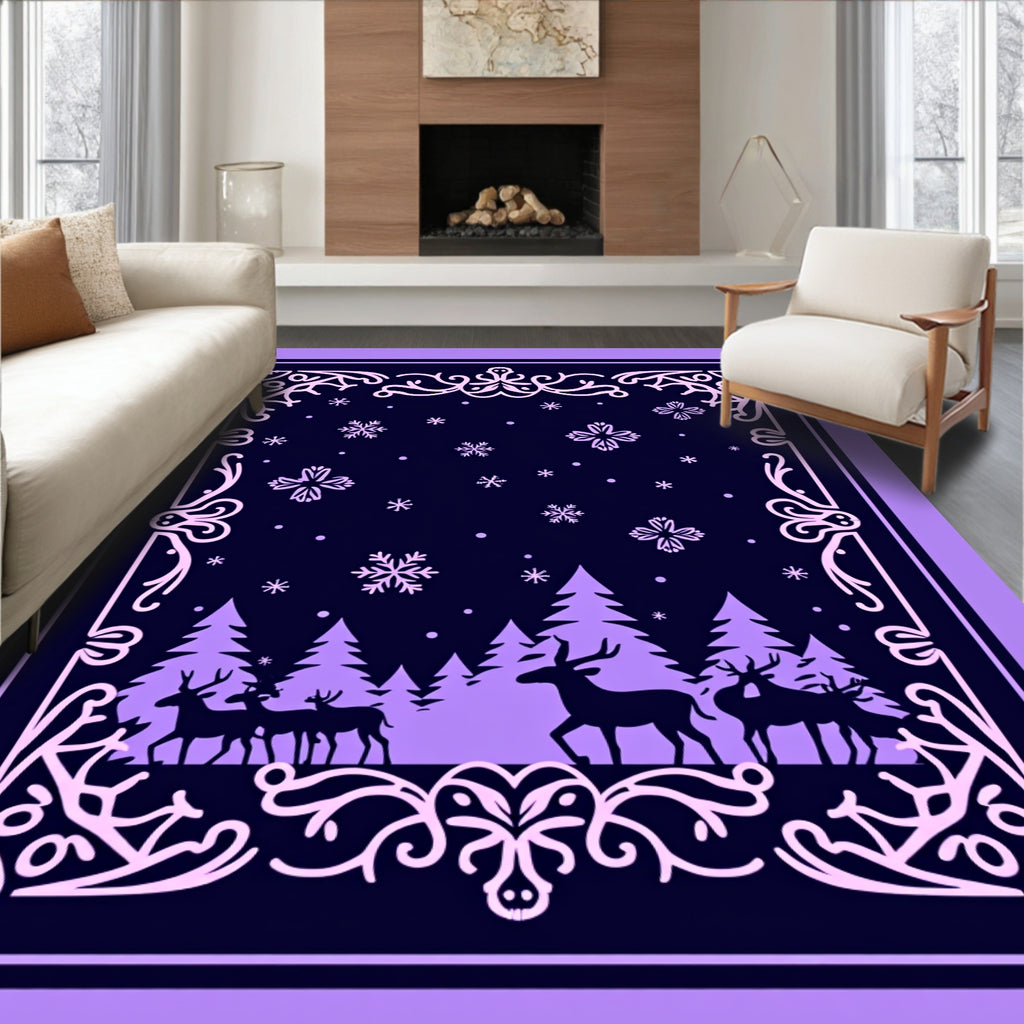 Winter Forest Deer Snowflake Silhouette Rug