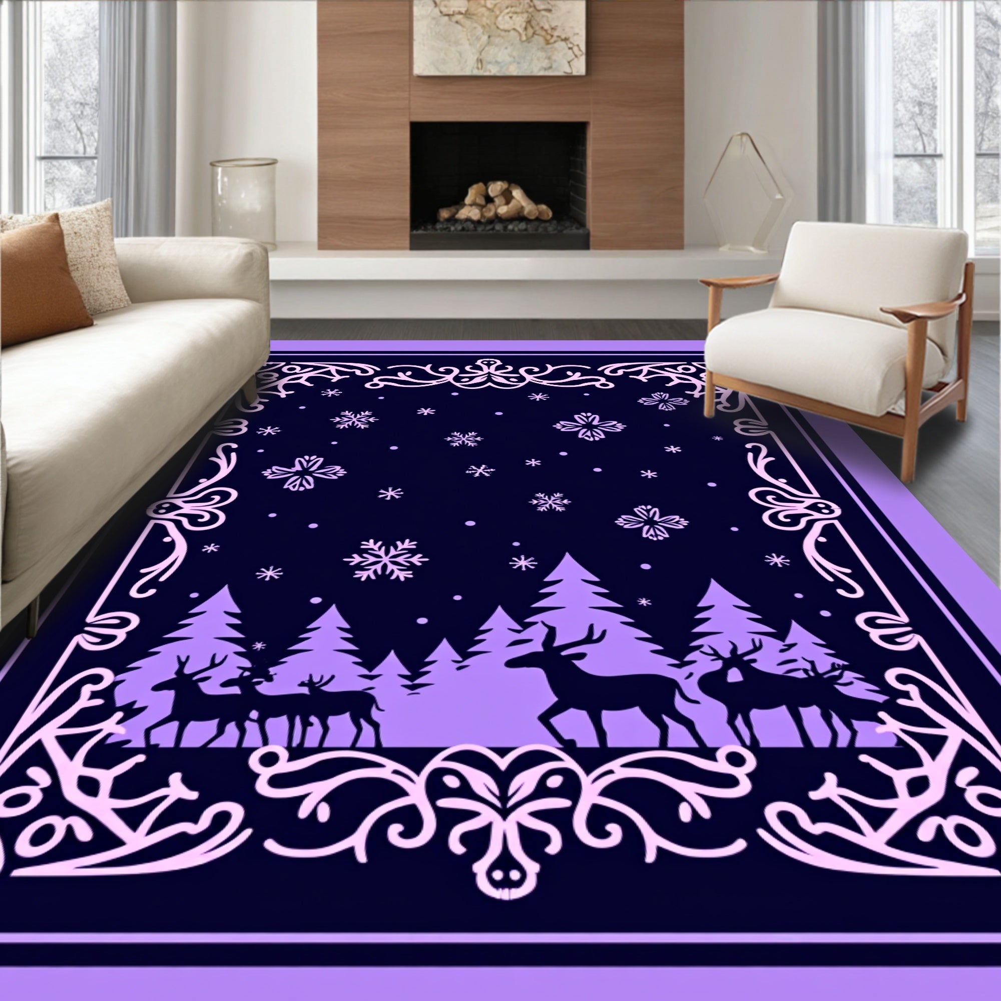 Winter Forest Deer Snowflake Silhouette Rug