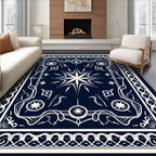 Elegant Navy Starburst Celestial Emblem Rug