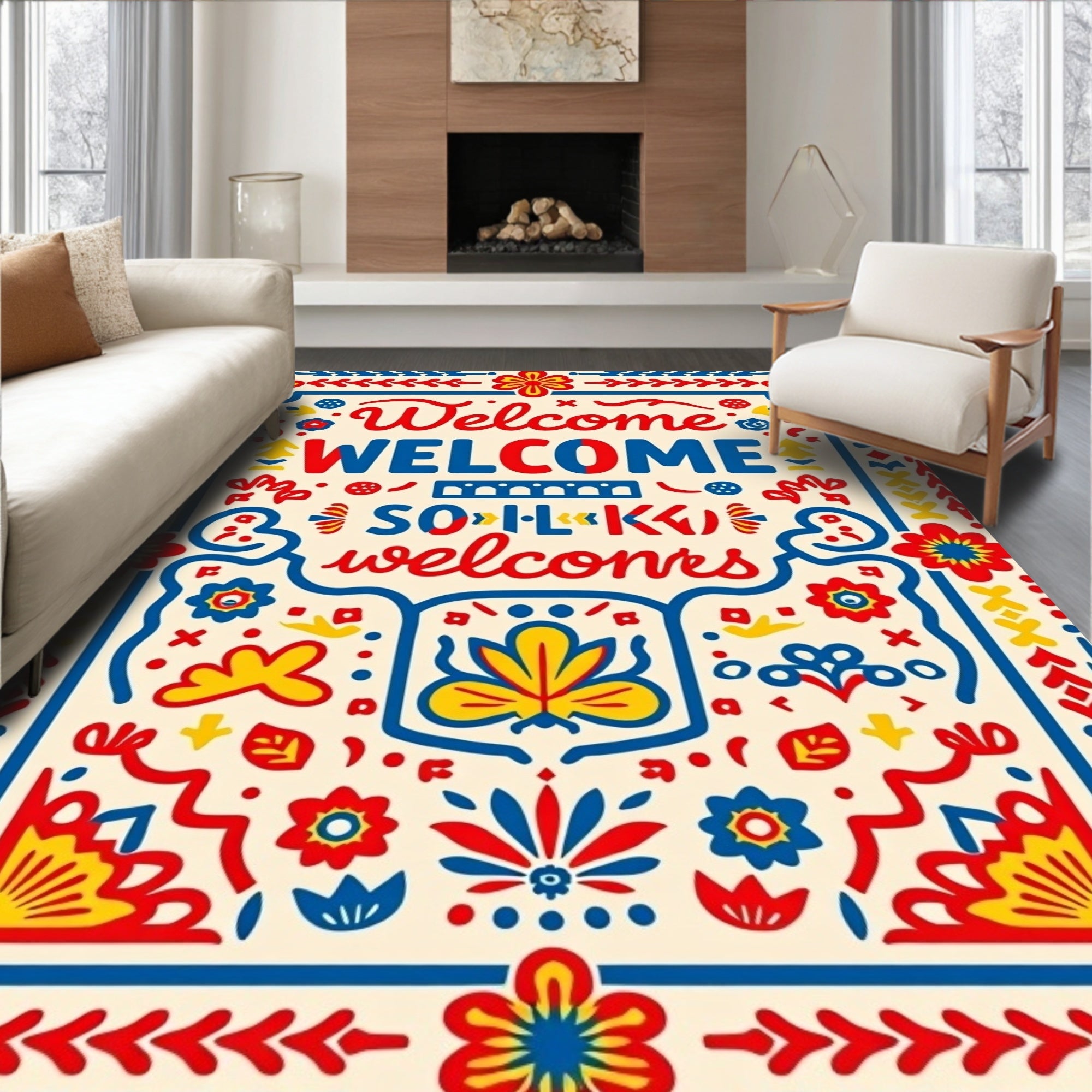 Bold Folk Art Floral Welcome Rug