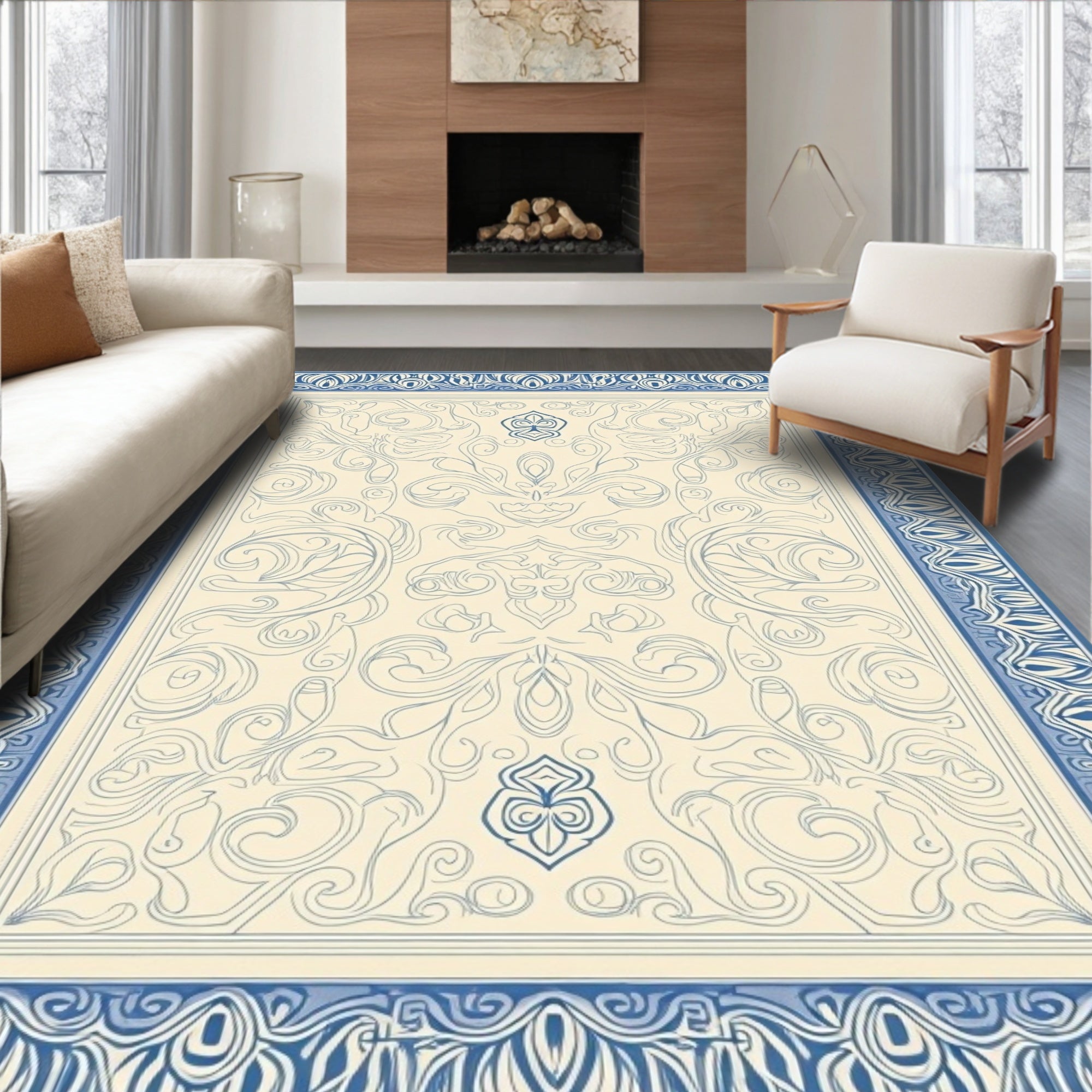 Cream Blue Ornamental Scroll Medallion Rug
