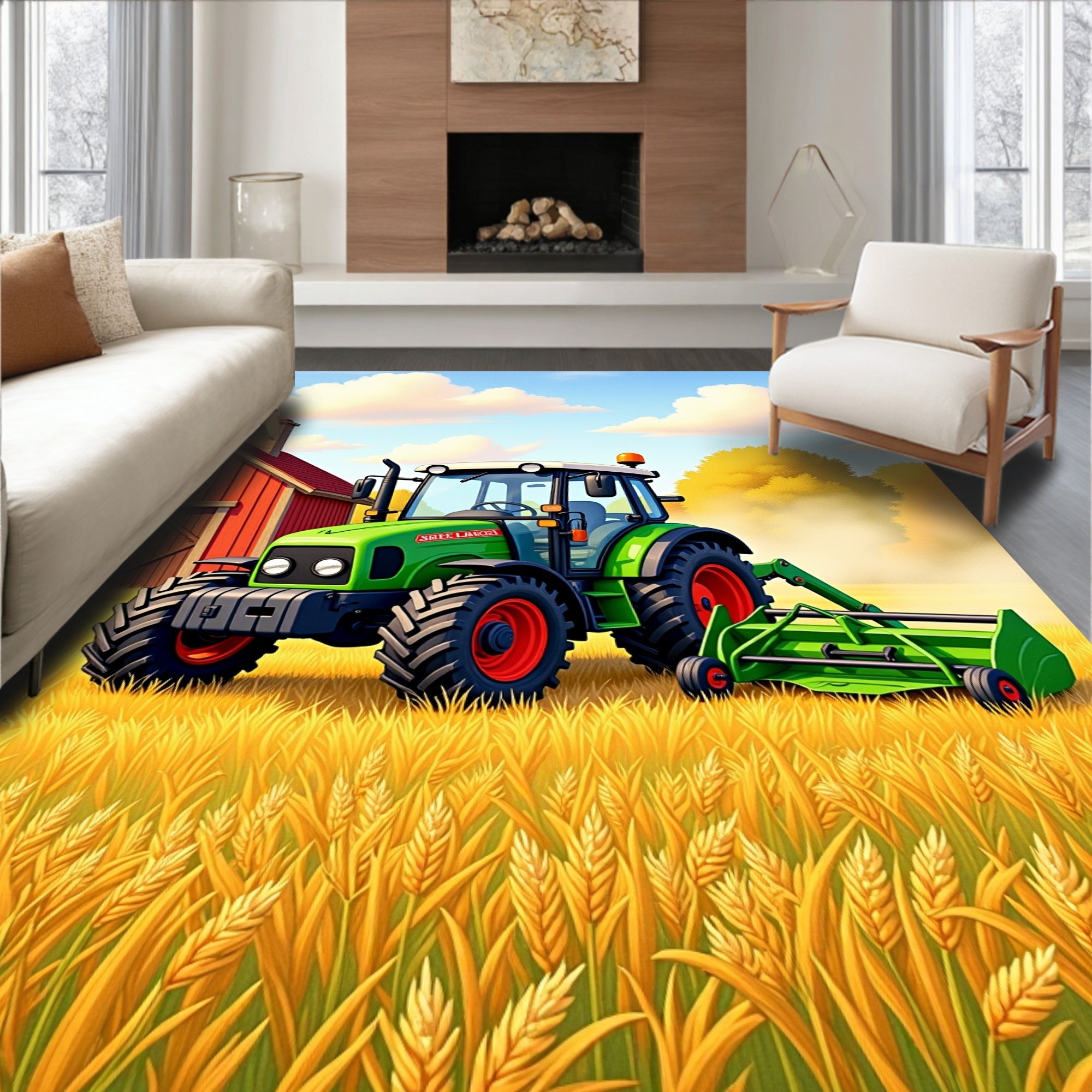 Green Tractor in Golden Wheat Field Rug