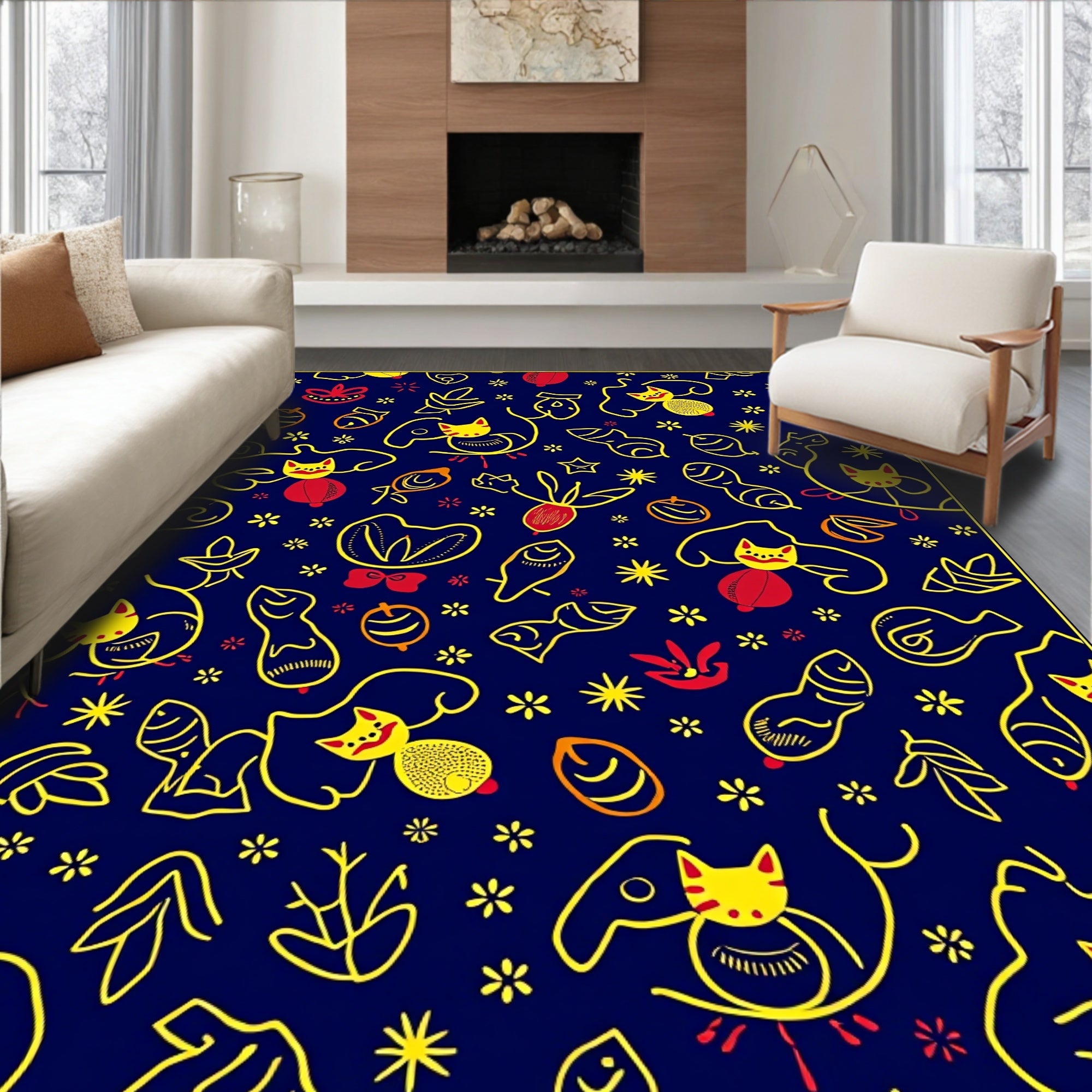 Playful Yellow Cat Red Floral Navy Rug