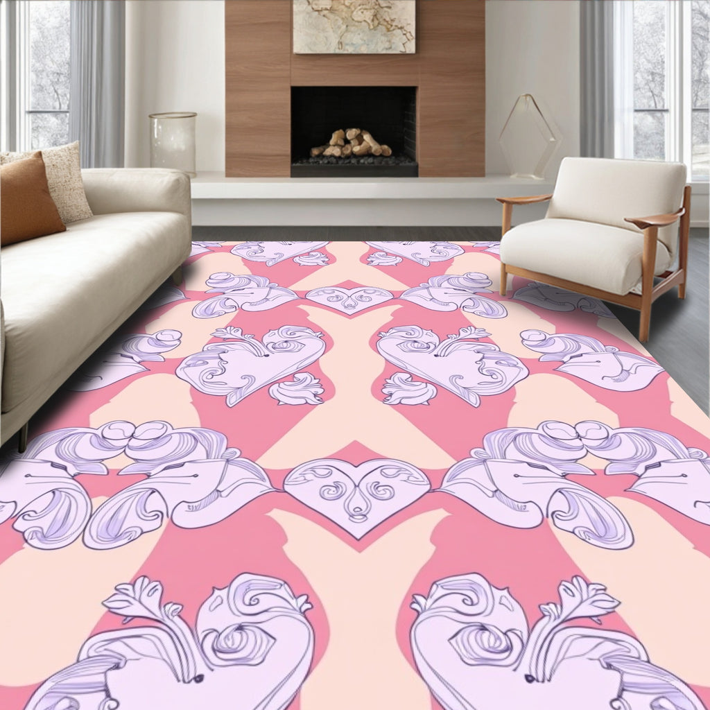 Romantic Lilac Pink Heart Scroll Rug