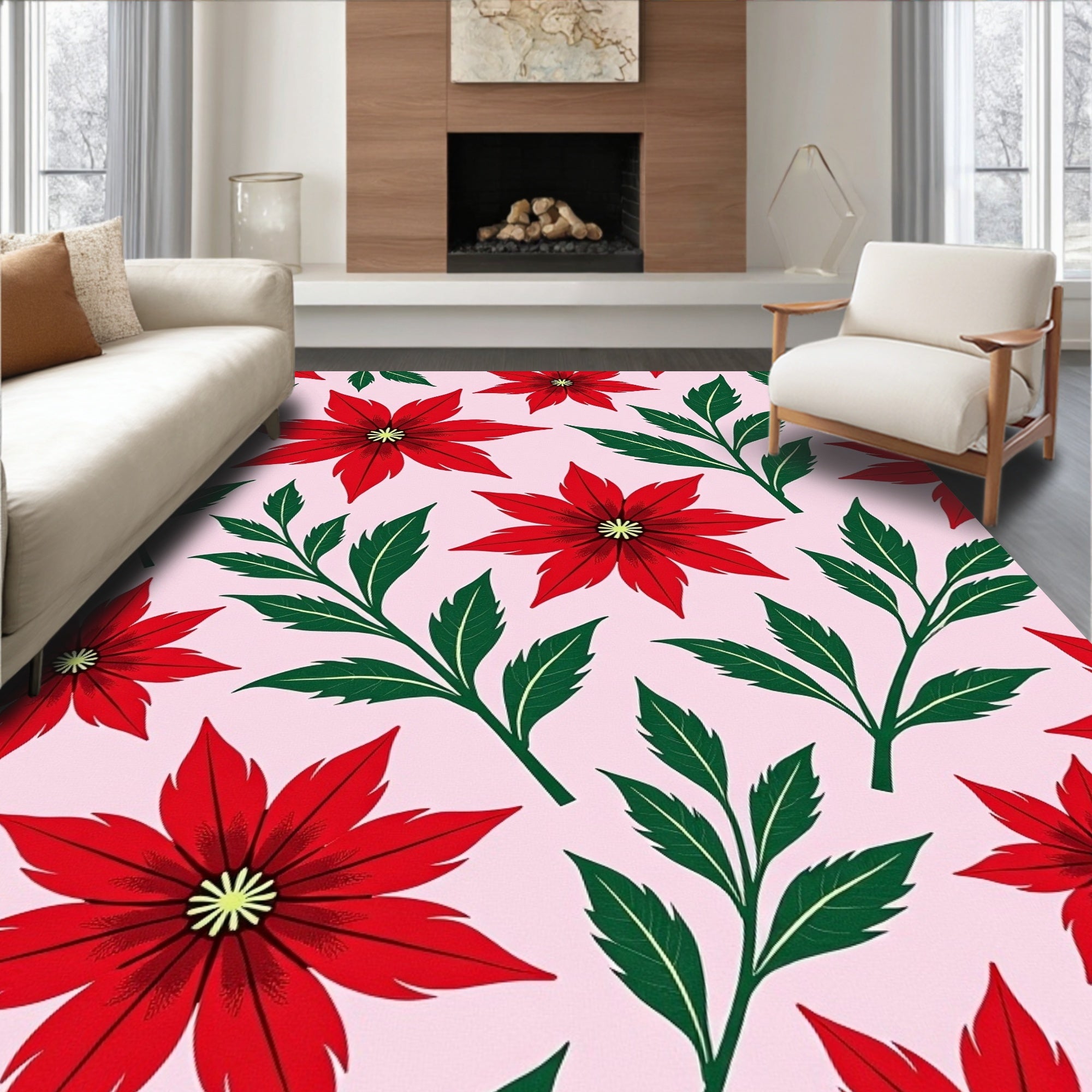 Vibrant Red Poinsettia Floral Rug