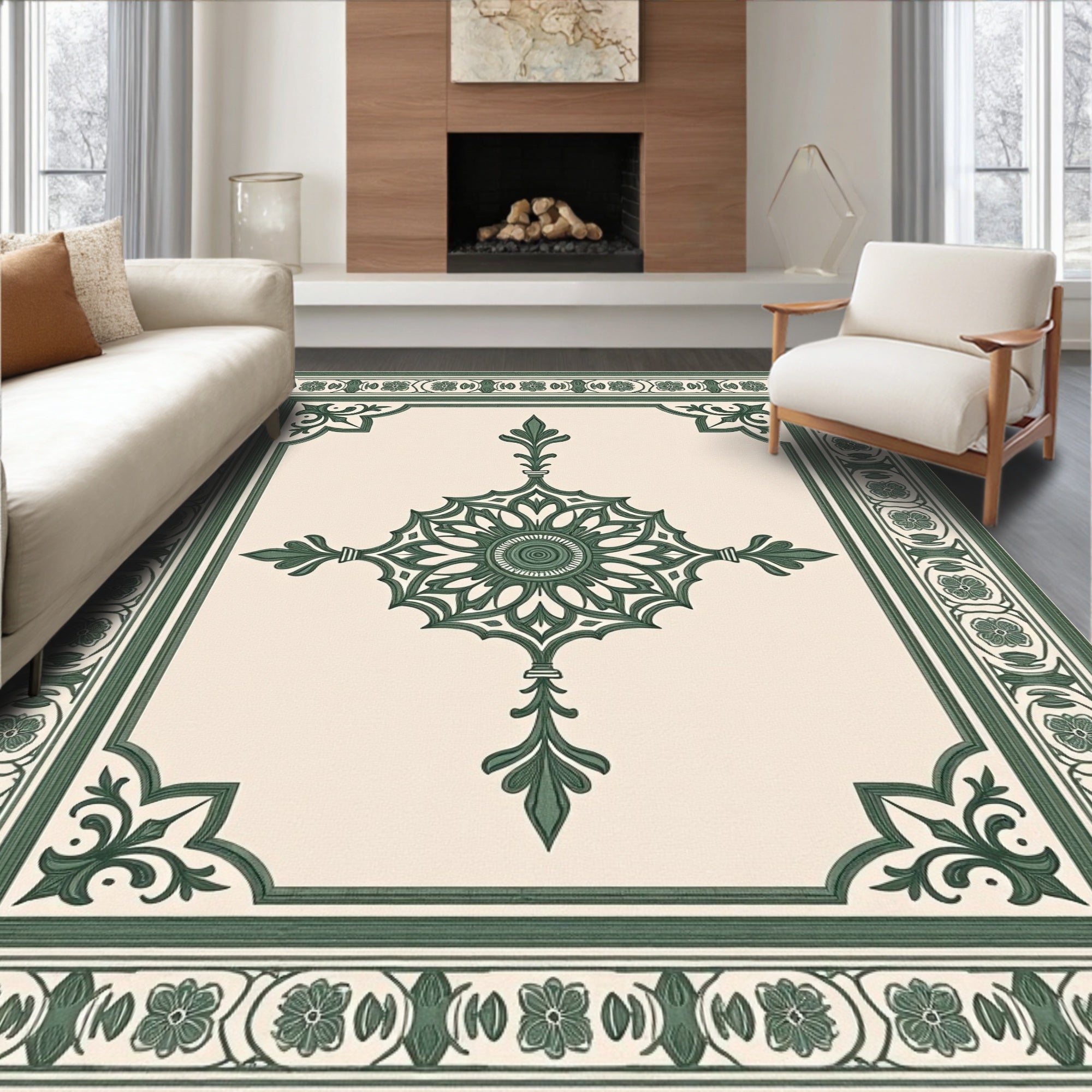 Classic Cream Green Ornamental Medallion Rug