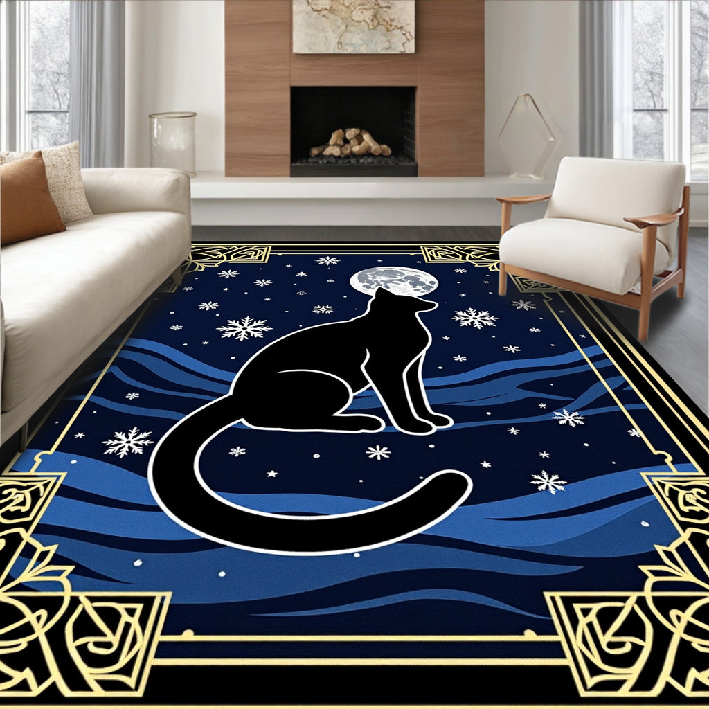 Midnight Black Cat Moon Snowflakes Rug