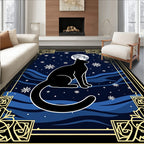 Midnight Black Cat Moon Snowflakes Rug
