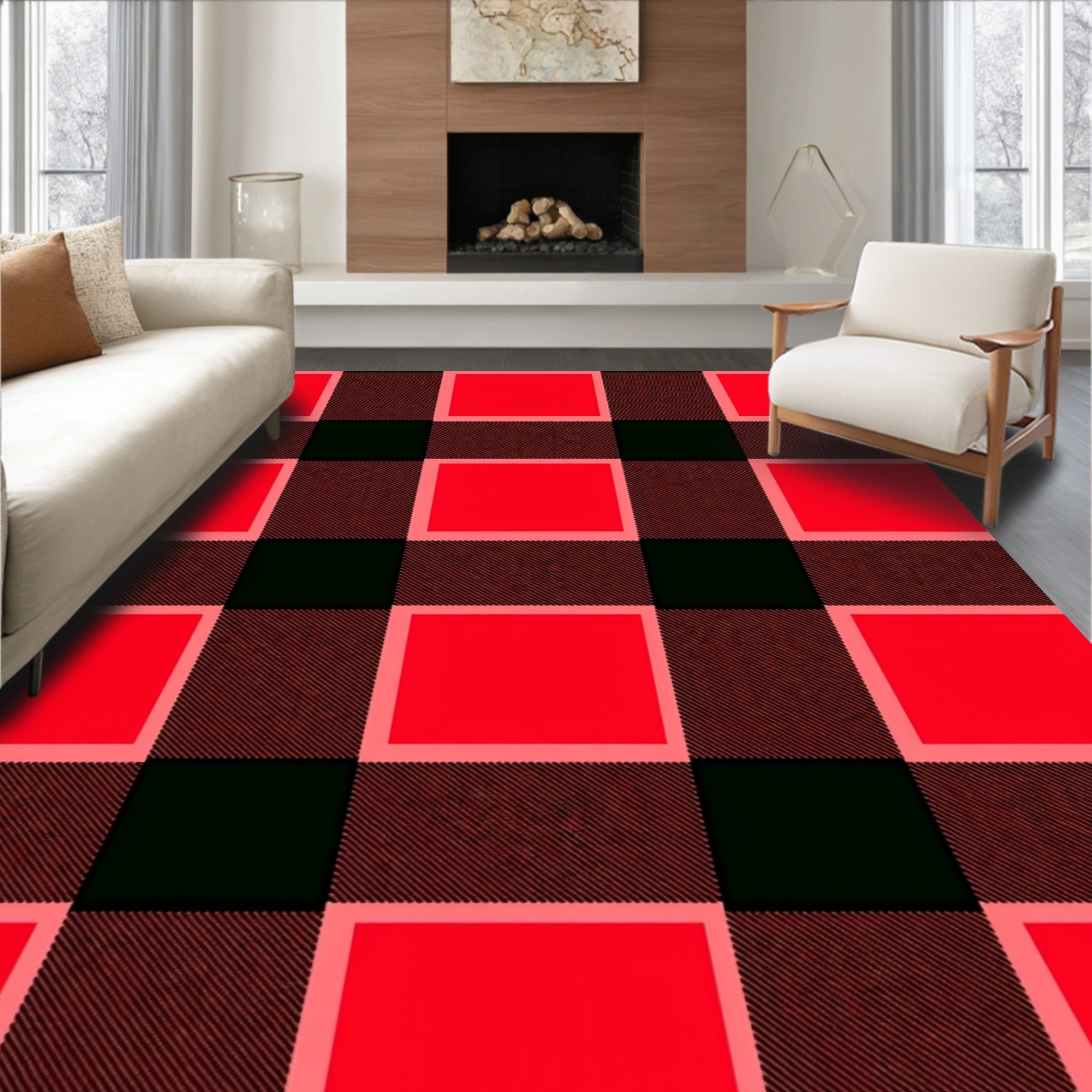 Bold Red Checkered Square Rug