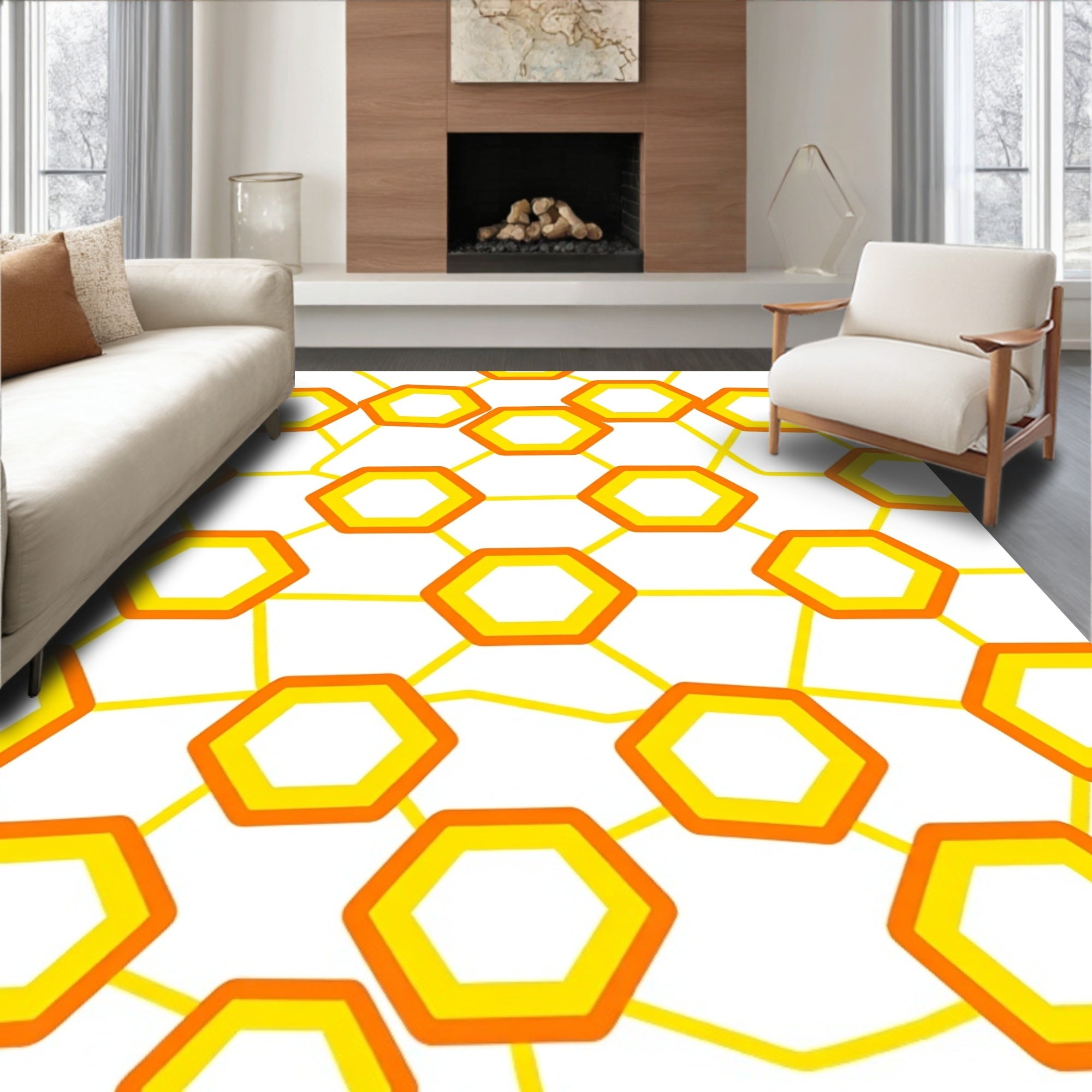 Vibrant Yellow Orange Honeycomb Hexagon Rug