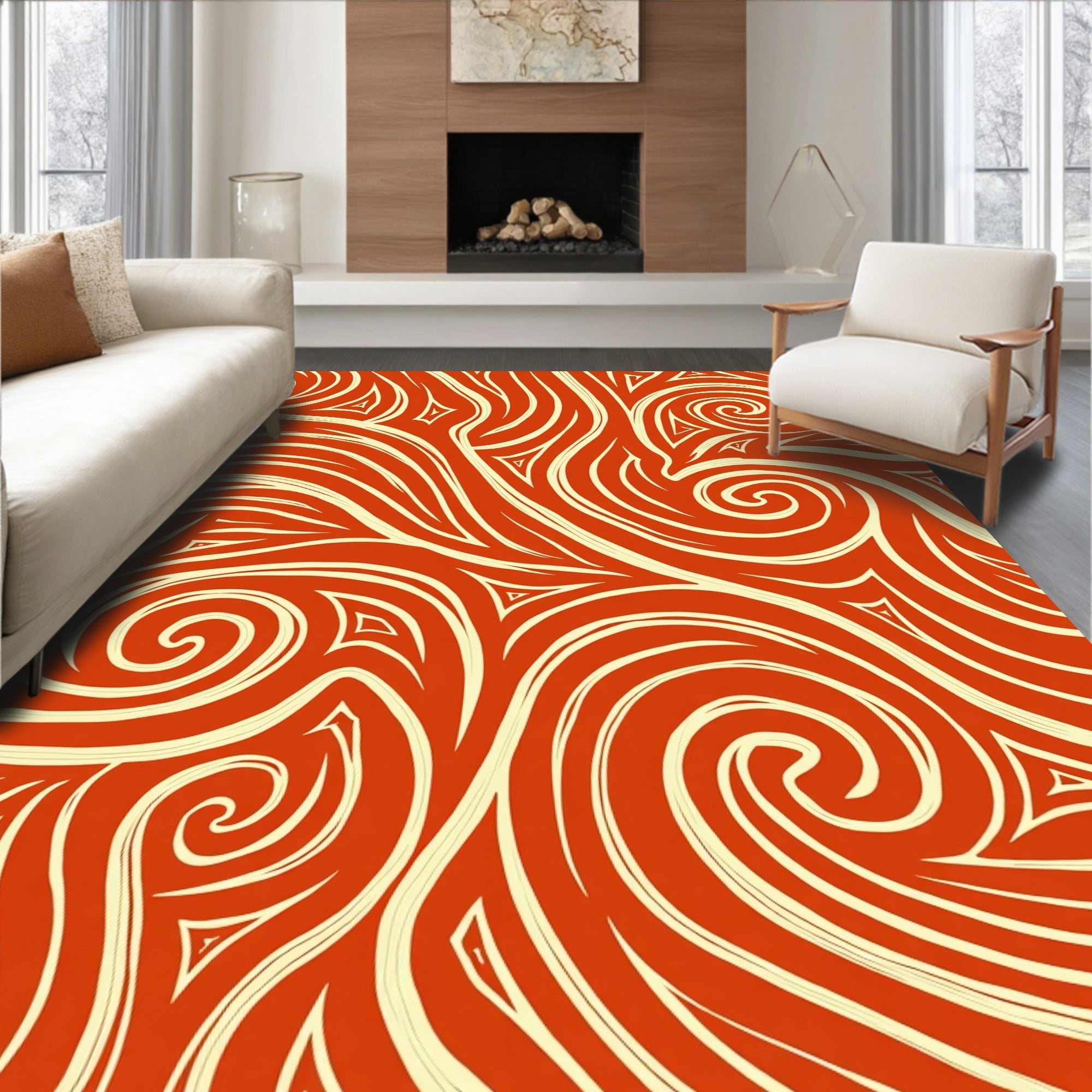 Crimson Swirl Scroll Tribal Rug
