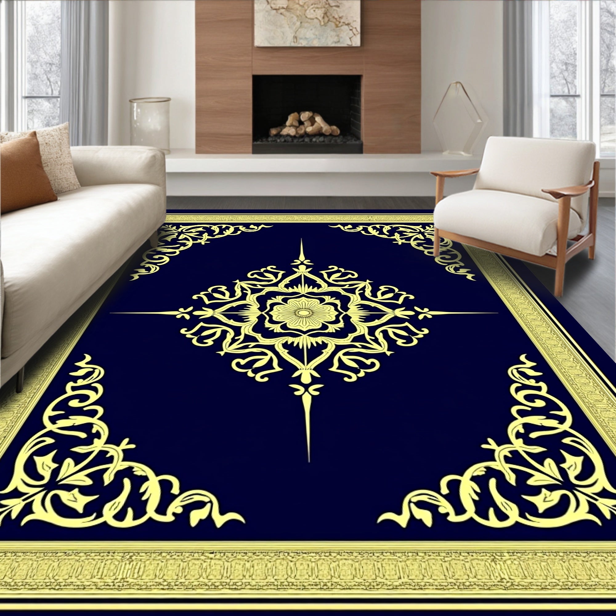 Navy Yellow Floral Medallion Border Rug