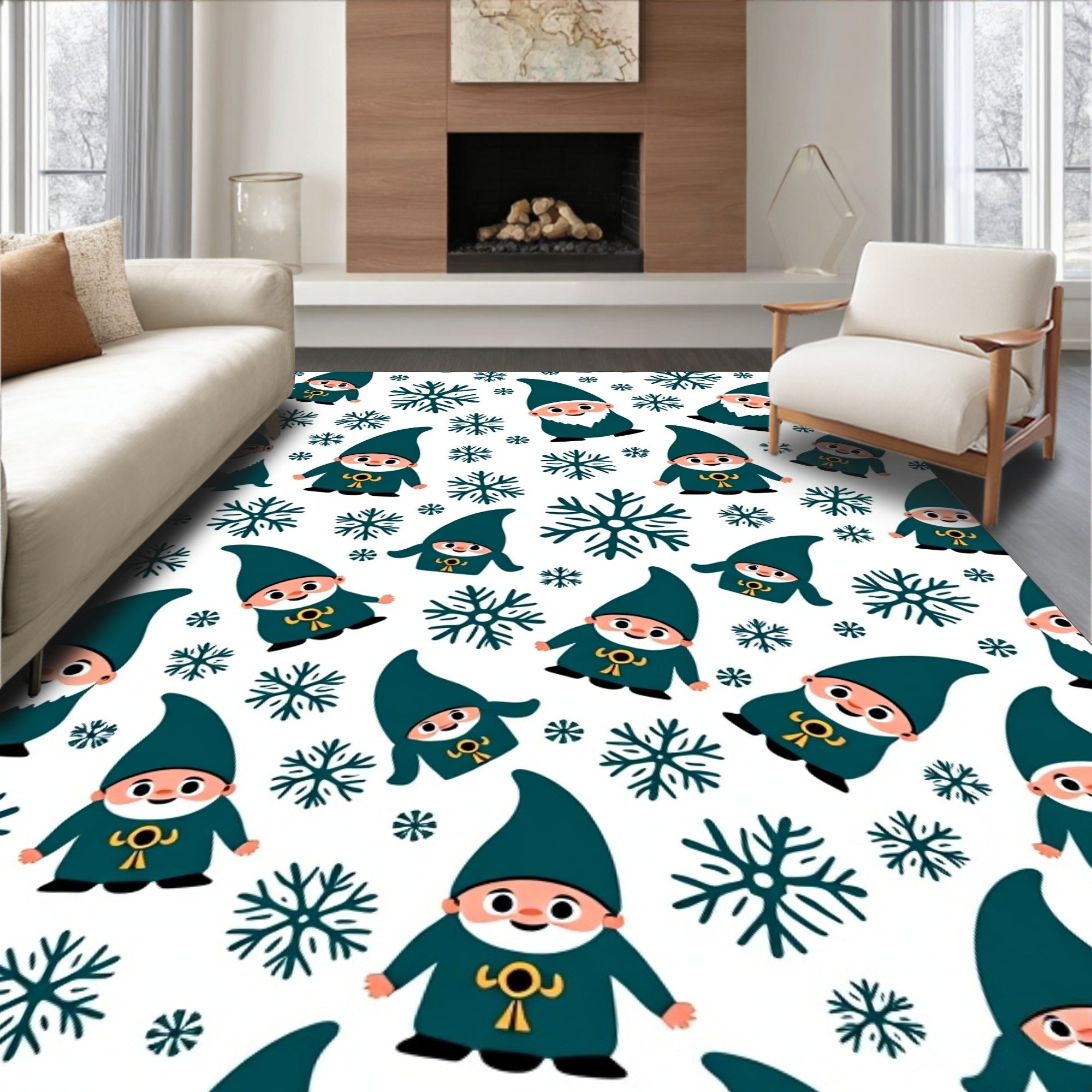 Teal Gnomes And Snowflakes Pattern Rug
