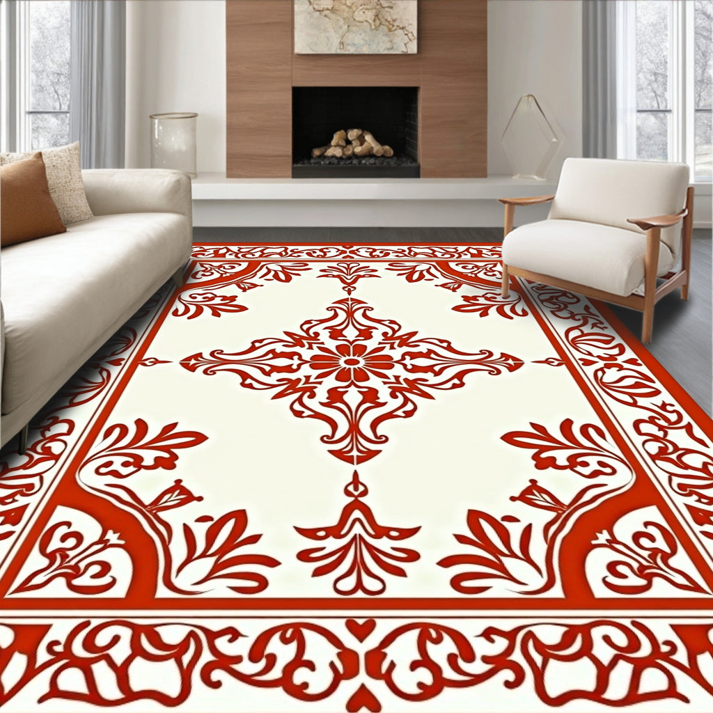 Ornate Red Scrollwork Center Square Rug