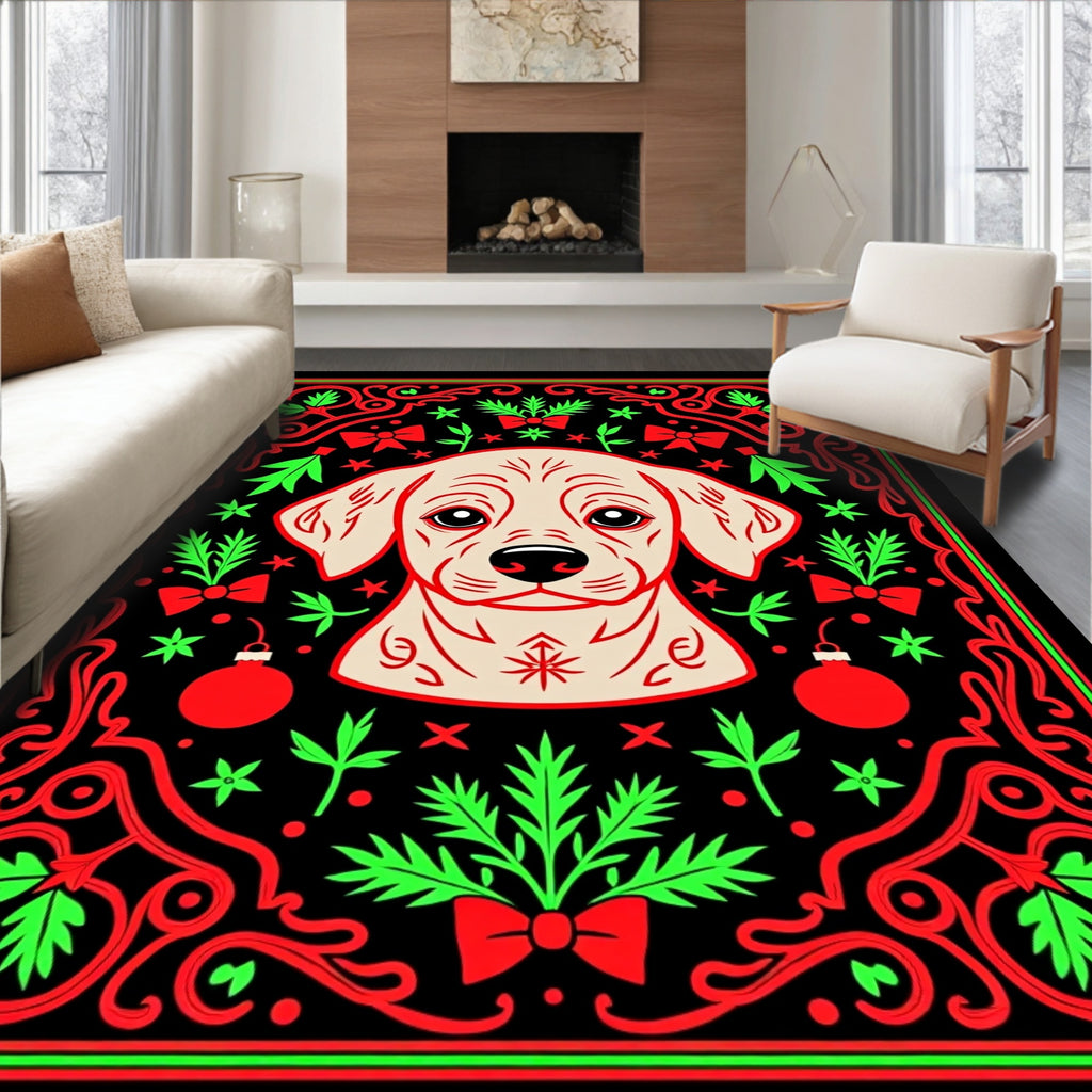 Festive Dog Christmas Ornament Border Rug
