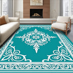 Teal White Floral Crested Frame Rug