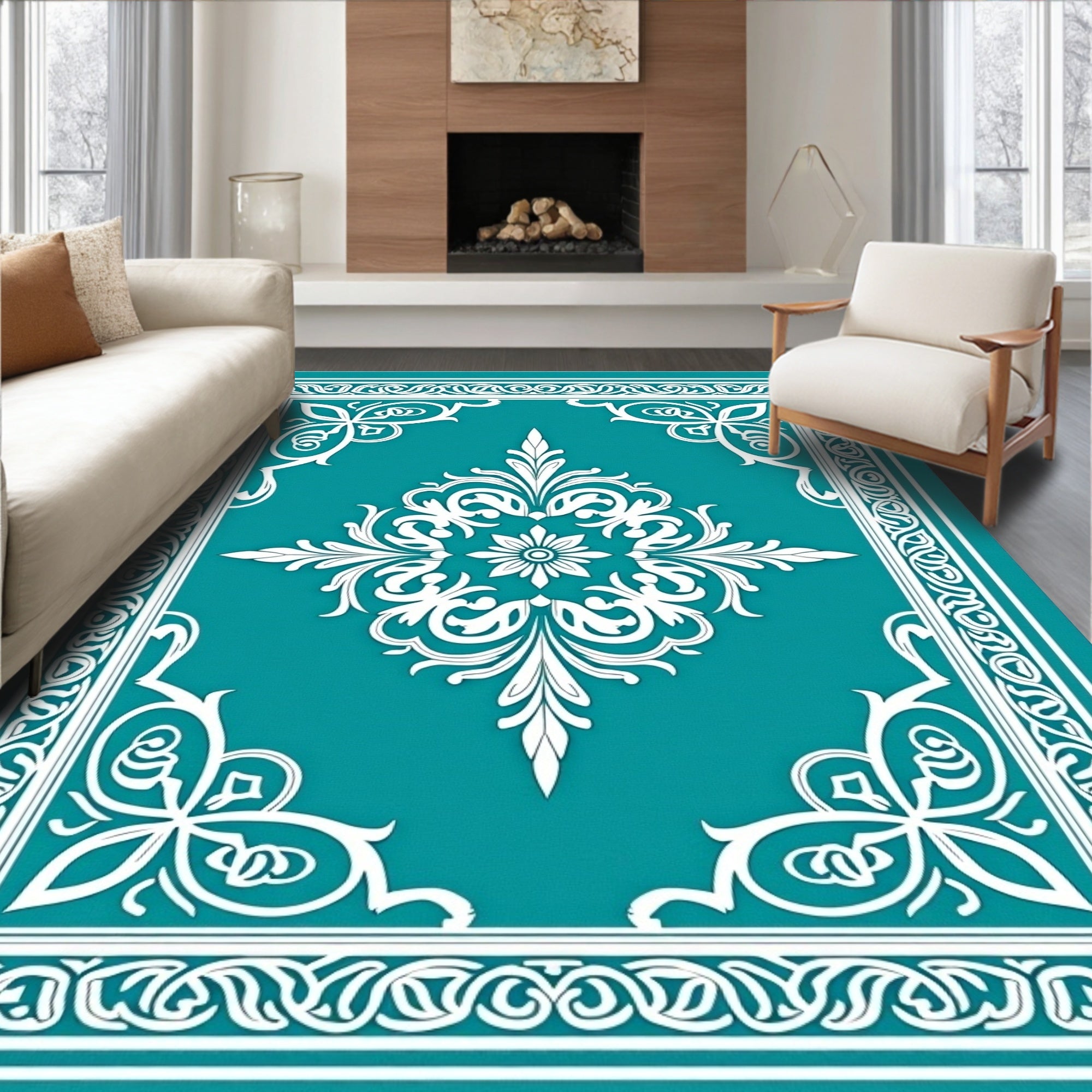 Teal White Floral Crested Frame Rug