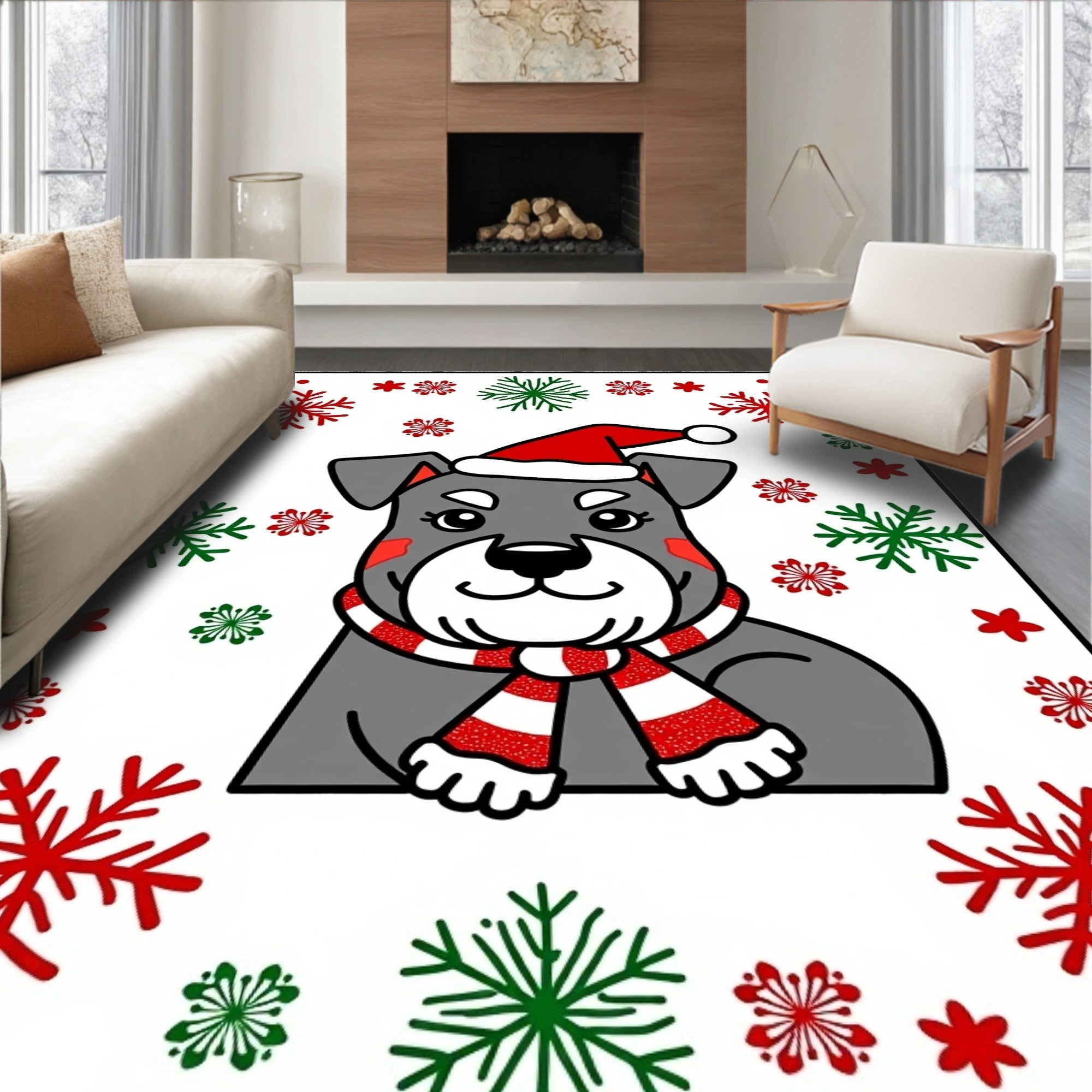 Festive Gray Canine Christmas Snowflakes Rug