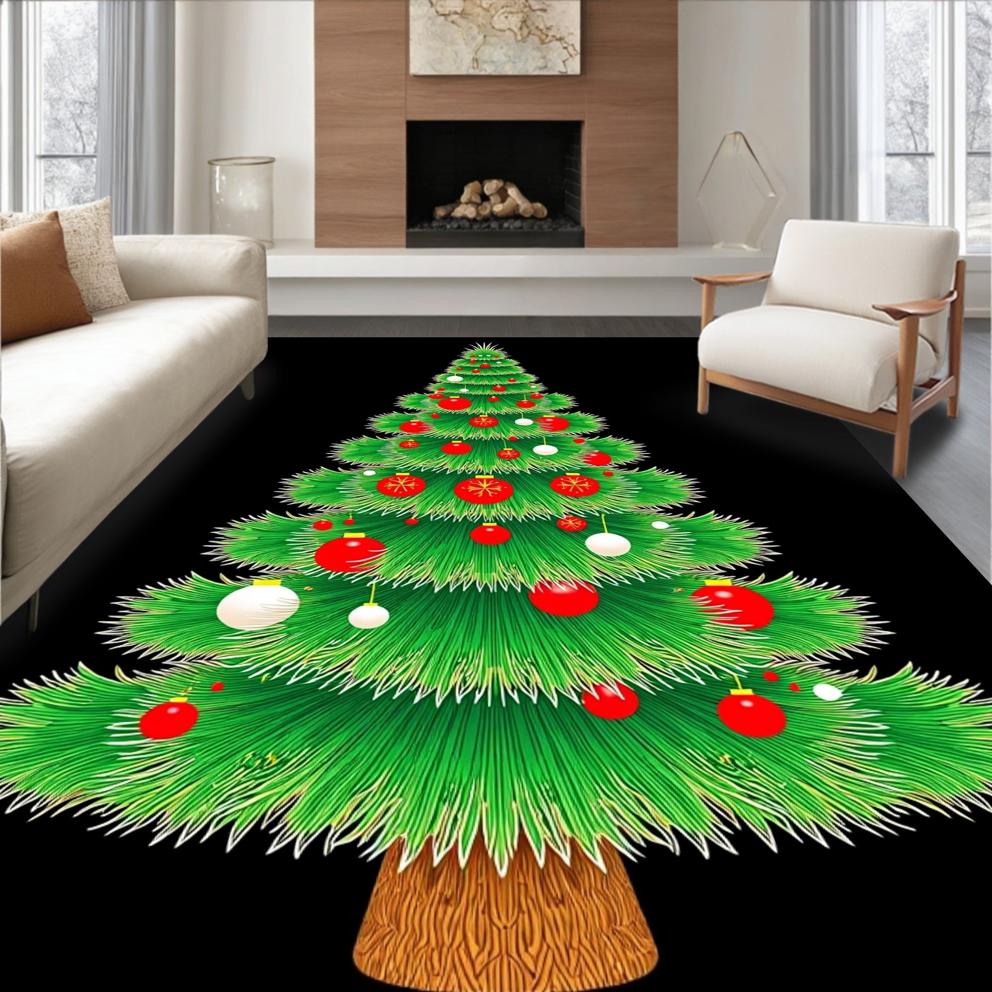 Vibrant Red White Ornaments Christmas Tree Rug